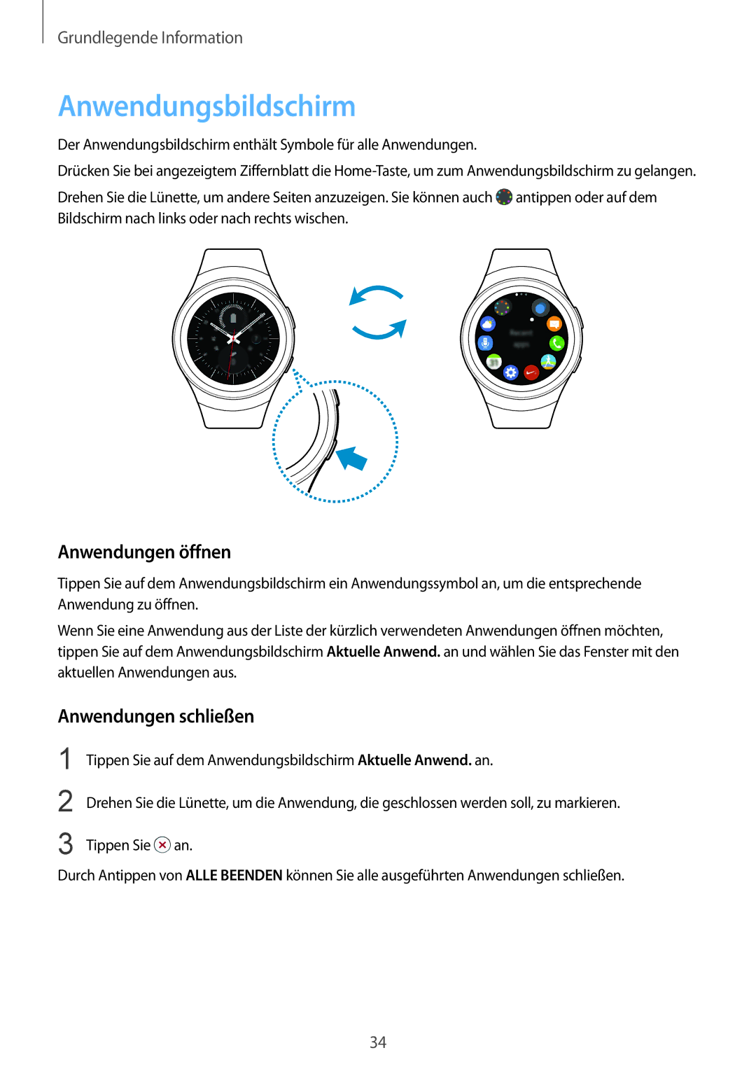 Samsung SM-R7320ZDADBT, SM-R7320ZKADBT, SM-R7320WDADBT manual Anwendungsbildschirm, Anwendungen öffnen, Anwendungen schließen 