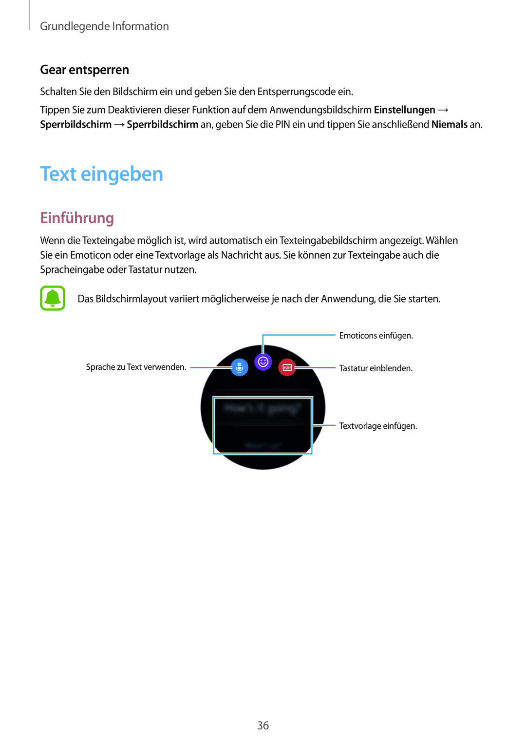 Samsung SM-R7320WDADBT, SM-R7320ZKADBT, SM-R7200ZKADBT, SM-R7200ZWADBT, SM-R7320ZDADBT manual Text eingeben, Gear entsperren 