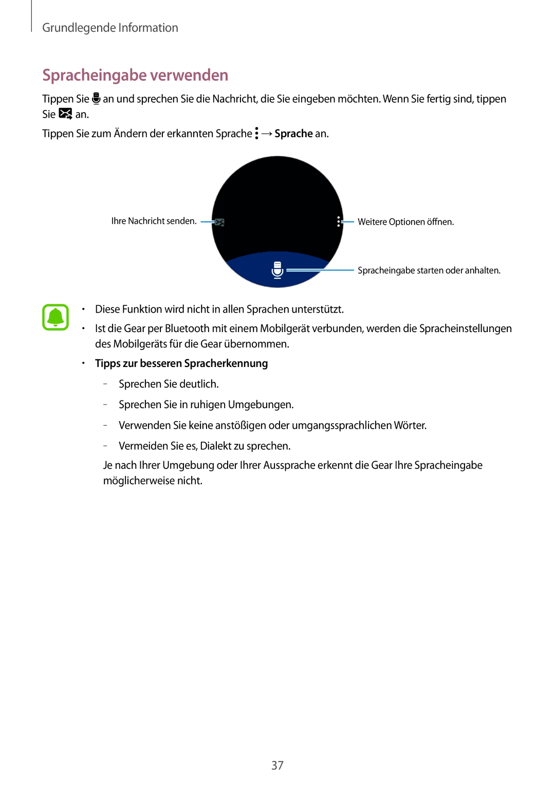 Samsung SM-R7200ZKADBT, SM-R7320ZKADBT, SM-R7320WDADBT manual Spracheingabe verwenden, Tipps zur besseren Spracherkennung 