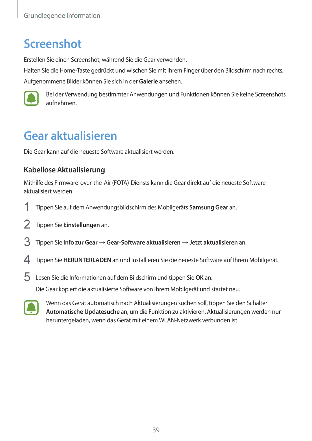 Samsung SM-R7320ZDADBT, SM-R7320ZKADBT, SM-R7320WDADBT manual Screenshot, Gear aktualisieren, Kabellose Aktualisierung 