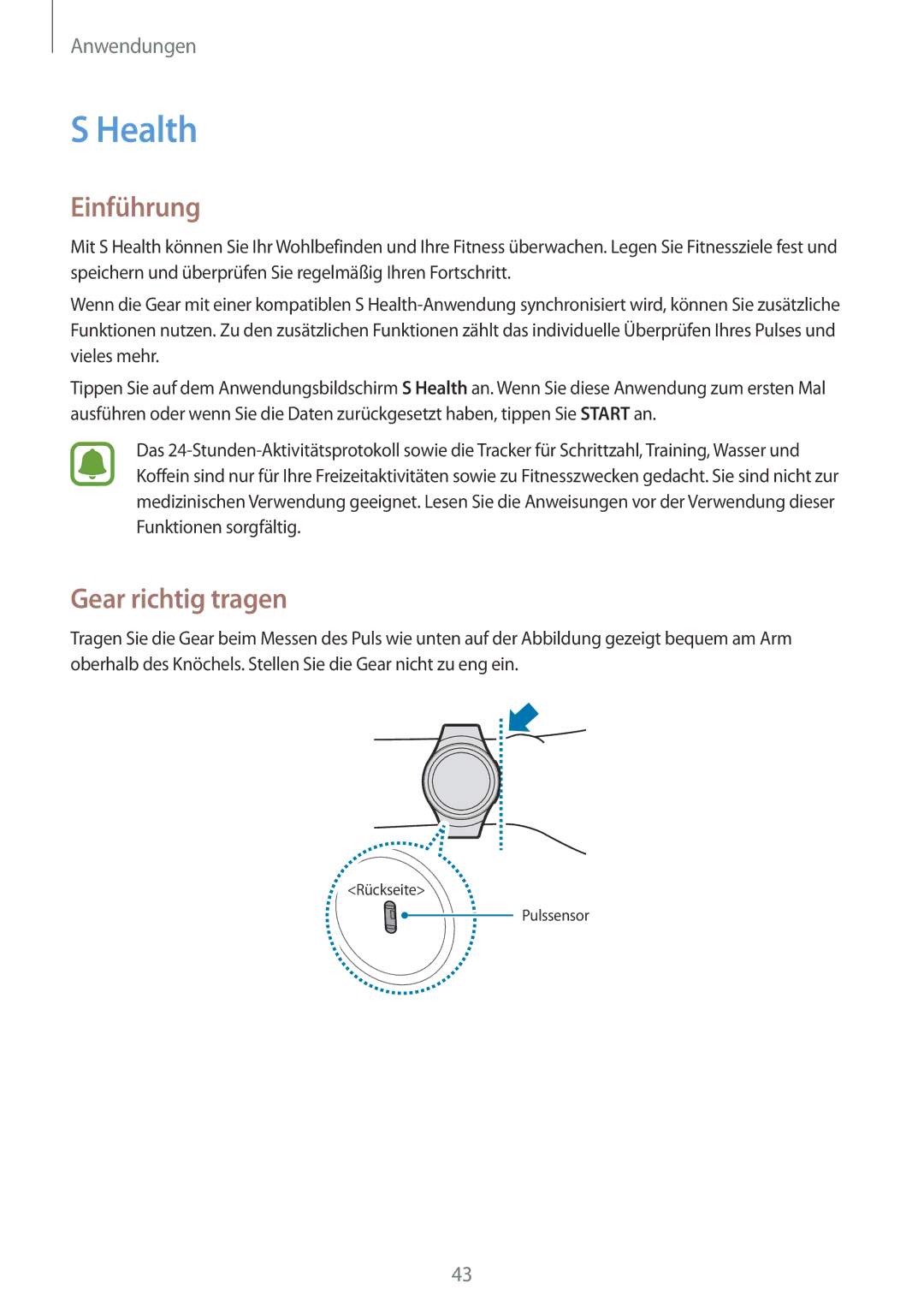 Samsung SM-R7200ZWADBT, SM-R7320ZKADBT, SM-R7320WDADBT, SM-R7200ZKADBT, SM-R7320ZDADBT manual Health, Gear richtig tragen 