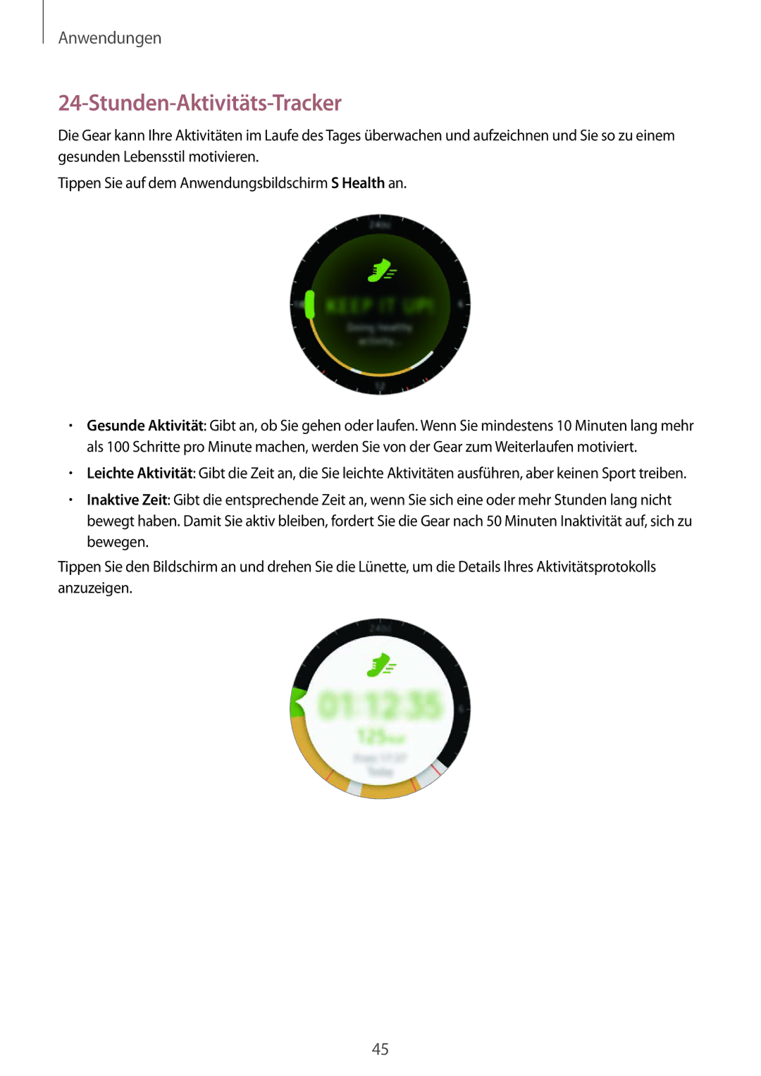 Samsung SM-R7320ZKADBT, SM-R7320WDADBT, SM-R7200ZKADBT, SM-R7200ZWADBT, SM-R7320ZDADBT manual Stunden-Aktivitäts-Tracker 