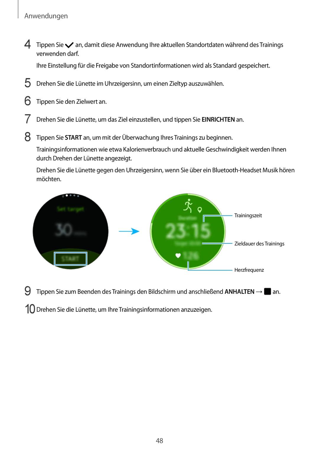 Samsung SM-R7200ZWADBT, SM-R7320ZKADBT, SM-R7320WDADBT, SM-R7200ZKADBT Trainingszeit Zieldauer des Trainings Herzfrequenz 