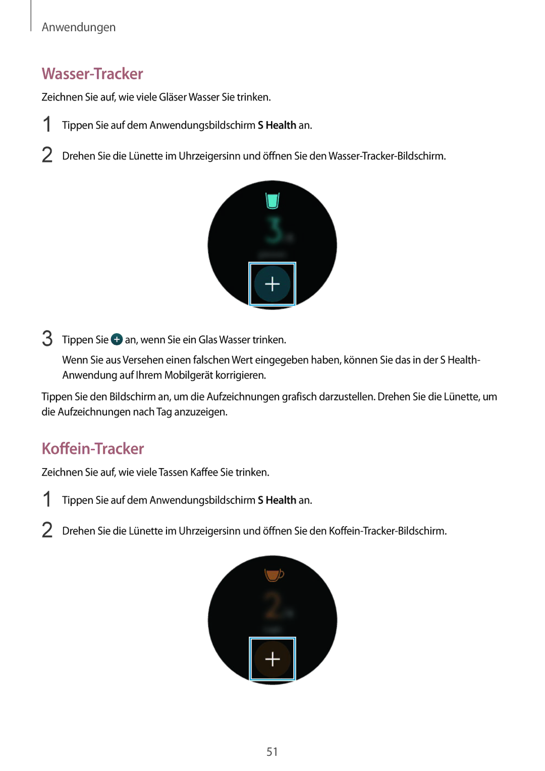 Samsung SM-R7320WDADBT, SM-R7320ZKADBT, SM-R7200ZKADBT, SM-R7200ZWADBT, SM-R7320ZDADBT manual Wasser-Tracker, Koffein-Tracker 