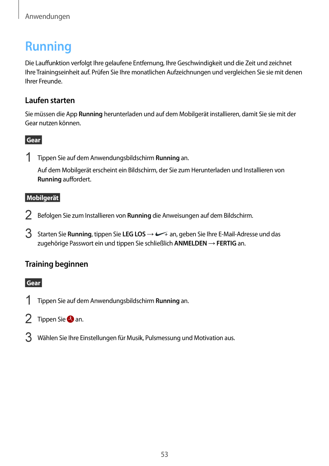 Samsung SM-R7200ZWADBT, SM-R7320ZKADBT, SM-R7320WDADBT, SM-R7200ZKADBT manual Running, Laufen starten, Training beginnen 