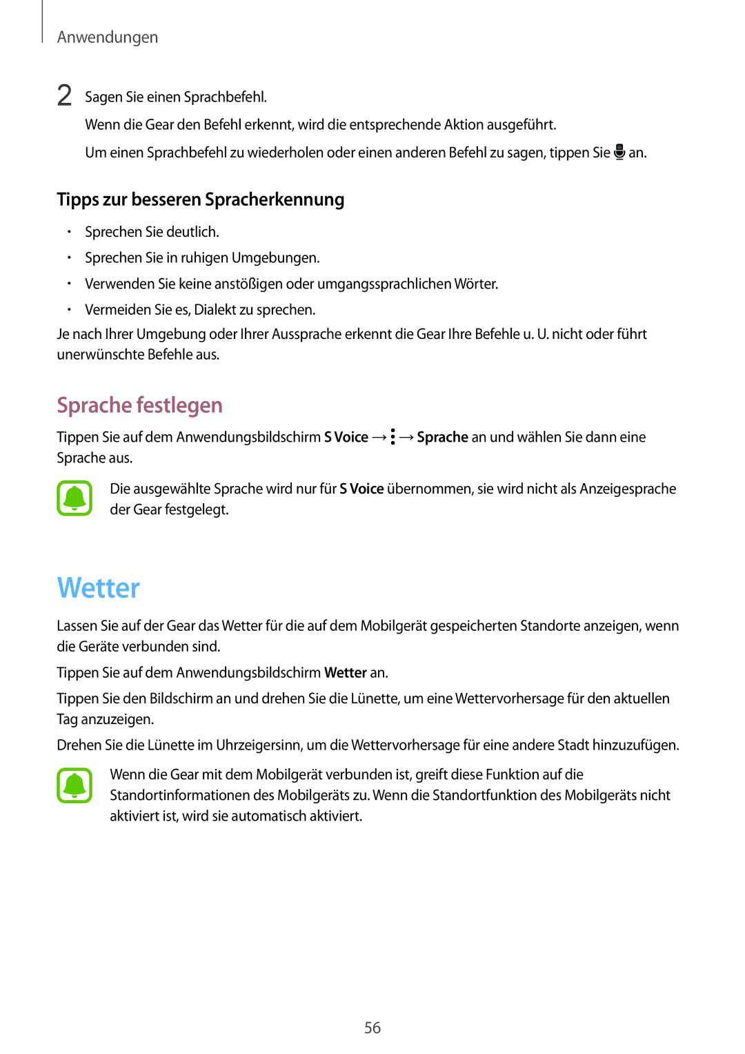 Samsung SM-R7320WDADBT, SM-R7320ZKADBT, SM-R7200ZKADBT manual Wetter, Sprache festlegen, Tipps zur besseren Spracherkennung 