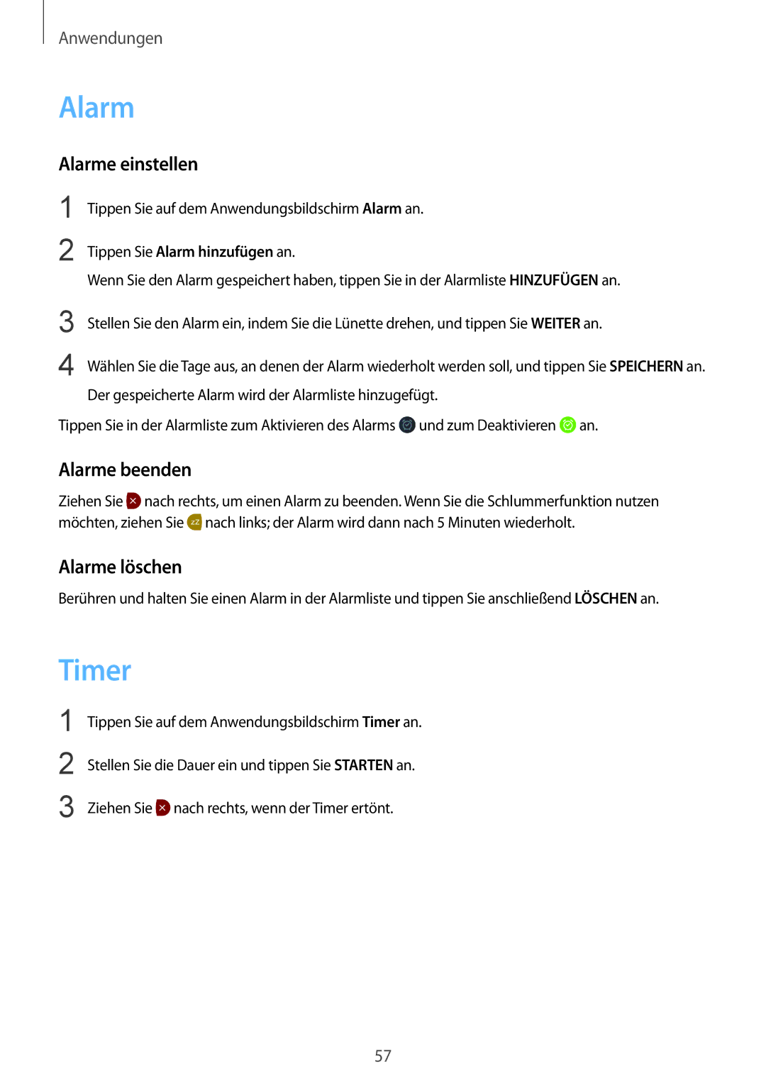 Samsung SM-R7200ZKADBT, SM-R7320ZKADBT, SM-R7320WDADBT manual Timer, Alarme einstellen, Alarme beenden, Alarme löschen 