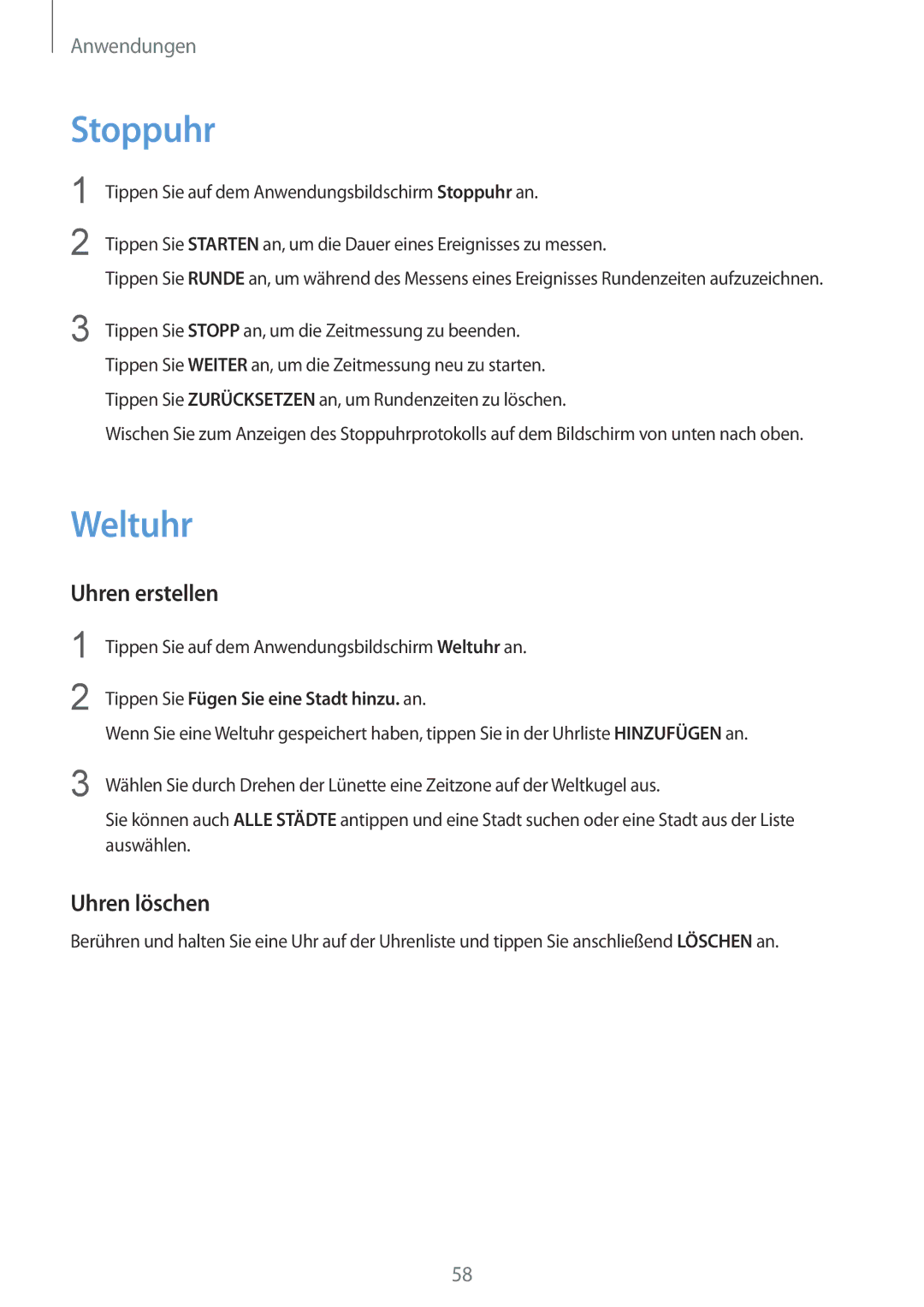 Samsung SM-R7200ZWADBT manual Stoppuhr, Weltuhr, Uhren erstellen, Uhren löschen, Tippen Sie Fügen Sie eine Stadt hinzu. an 