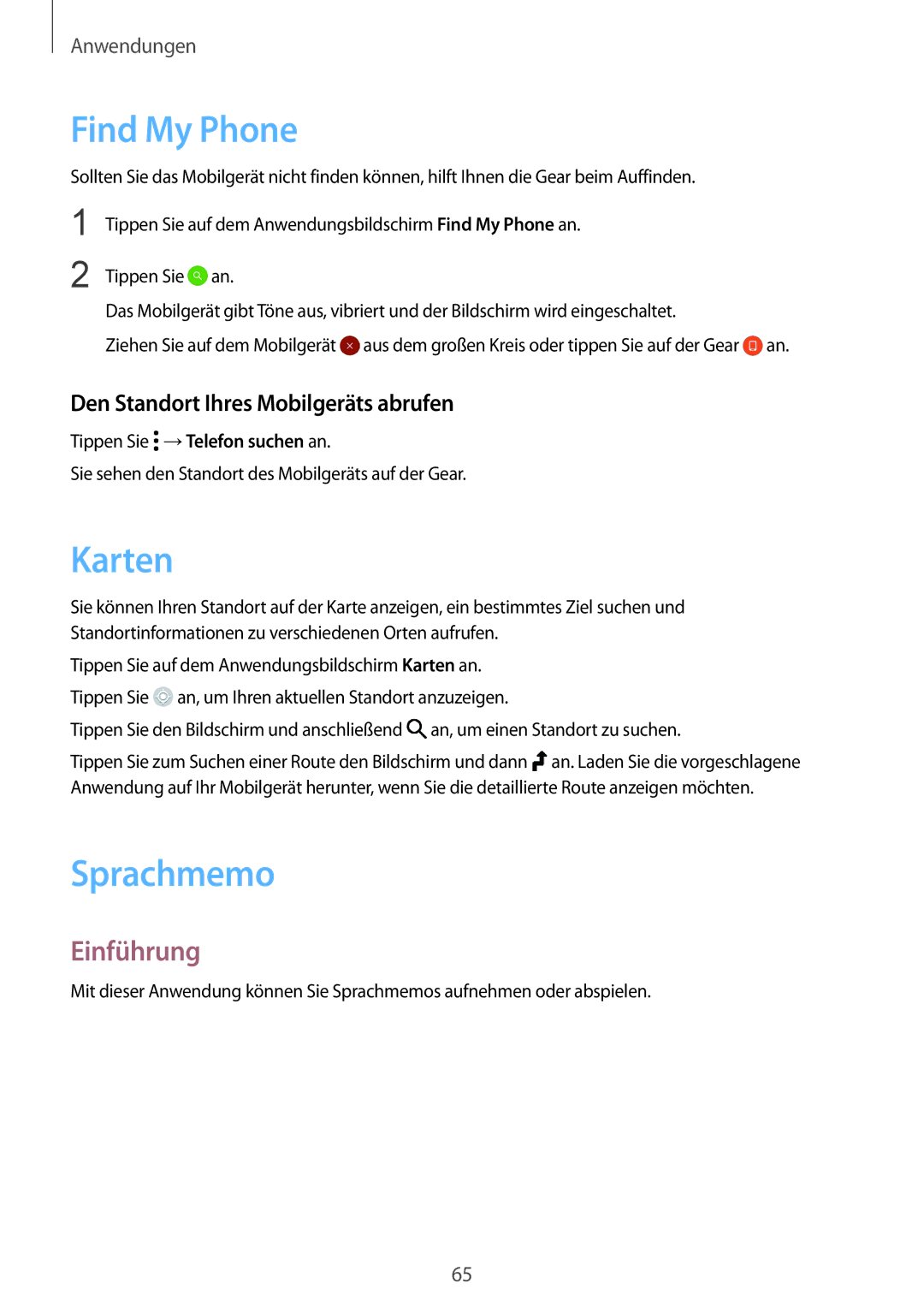 Samsung SM-R7320ZKADBT, SM-R7320WDADBT manual Find My Phone, Karten, Sprachmemo, Den Standort Ihres Mobilgeräts abrufen 