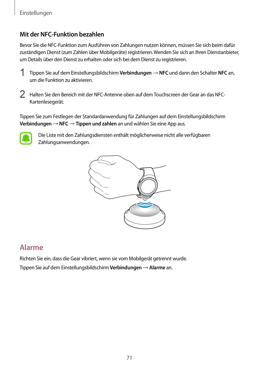 Samsung SM-R7320WDADBT, SM-R7320ZKADBT, SM-R7200ZKADBT, SM-R7200ZWADBT, SM-R7320ZDADBT Alarme, Mit der NFC-Funktion bezahlen 