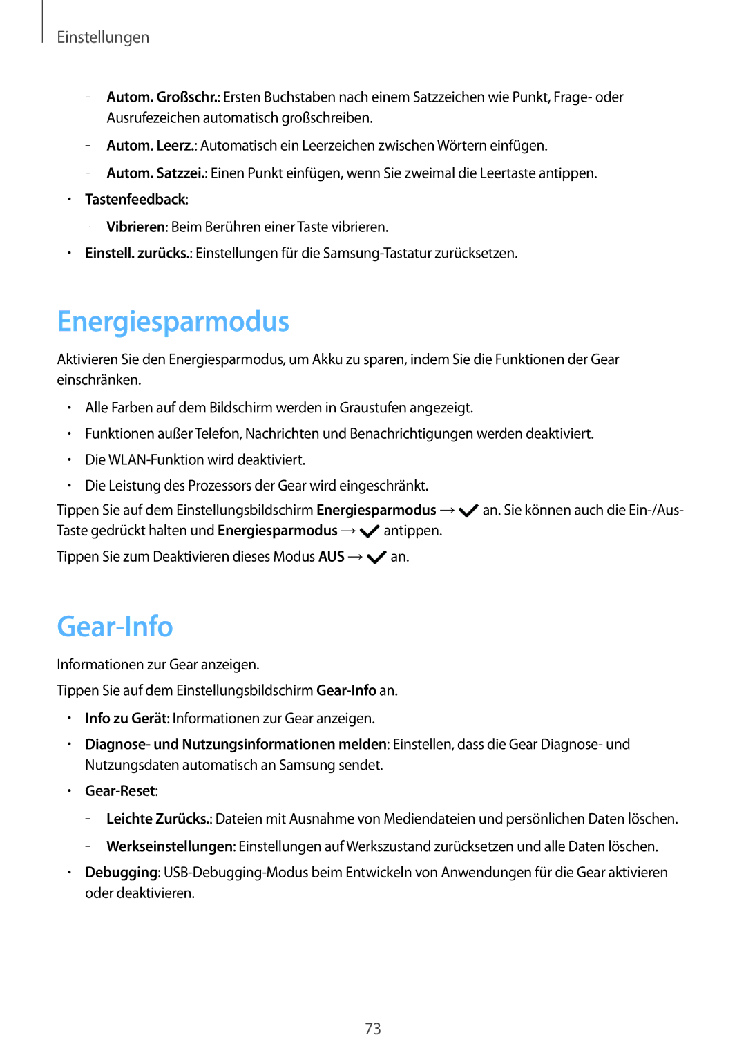 Samsung SM-R7200ZWADBT, SM-R7320ZKADBT, SM-R7320WDADBT, SM-R7200ZKADBT manual Energiesparmodus, Gear-Info, Tastenfeedback 