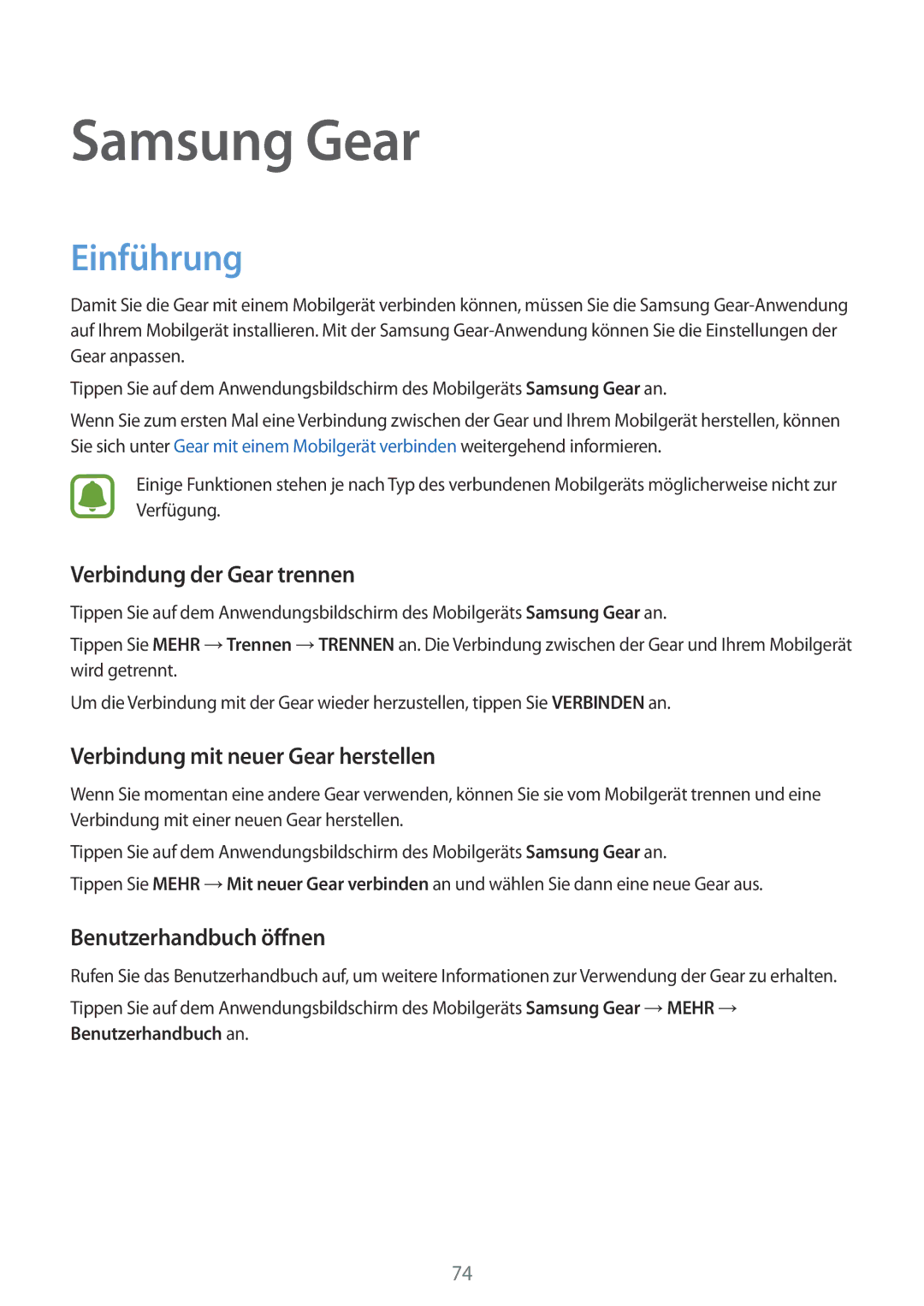Samsung SM-R7320ZDADBT manual Verbindung der Gear trennen, Verbindung mit neuer Gear herstellen, Benutzerhandbuch öffnen 