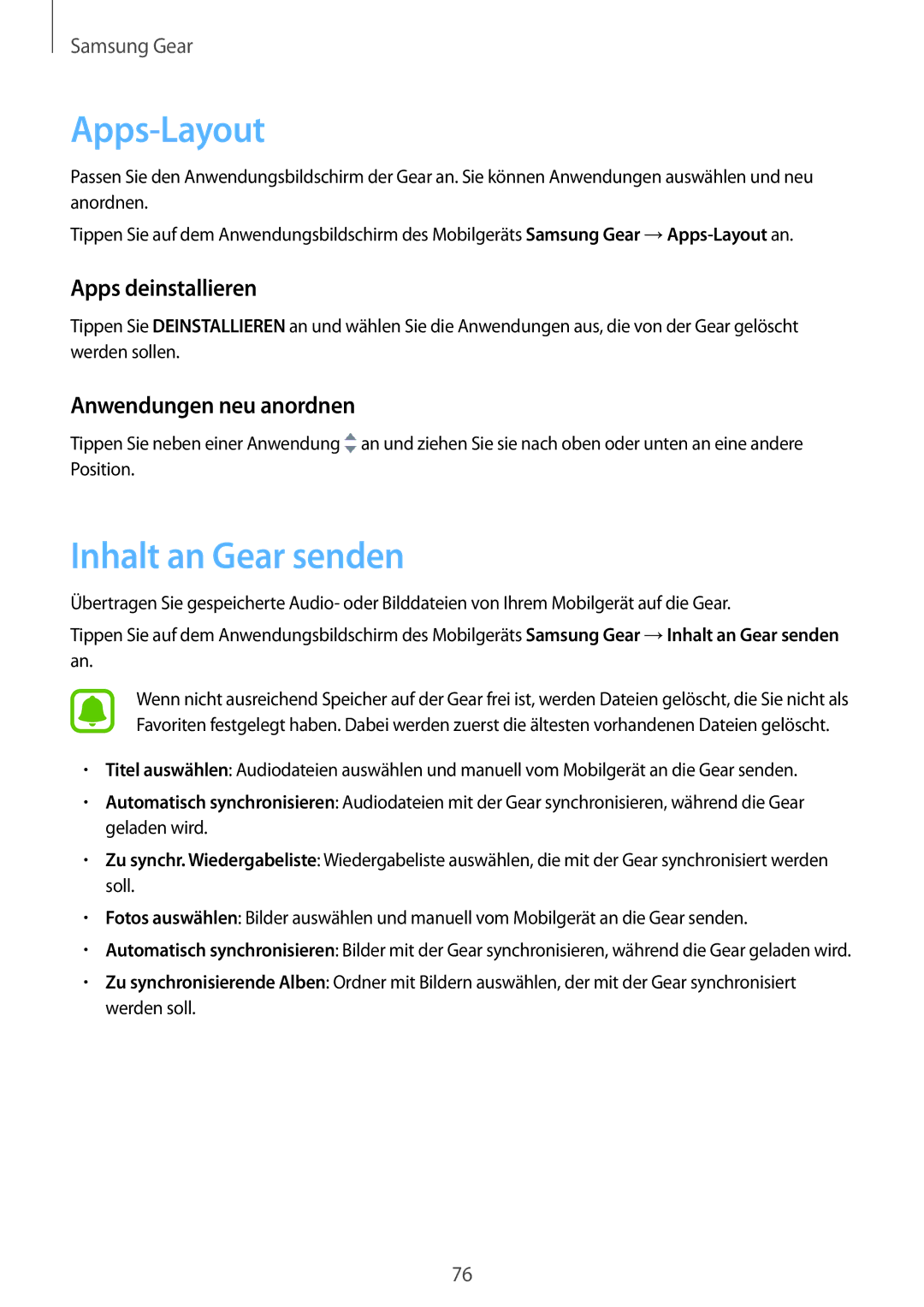 Samsung SM-R7320WDADBT, SM-R7320ZKADBT, SM-R7200ZKADBT manual Apps-Layout, Inhalt an Gear senden, Anwendungen neu anordnen 
