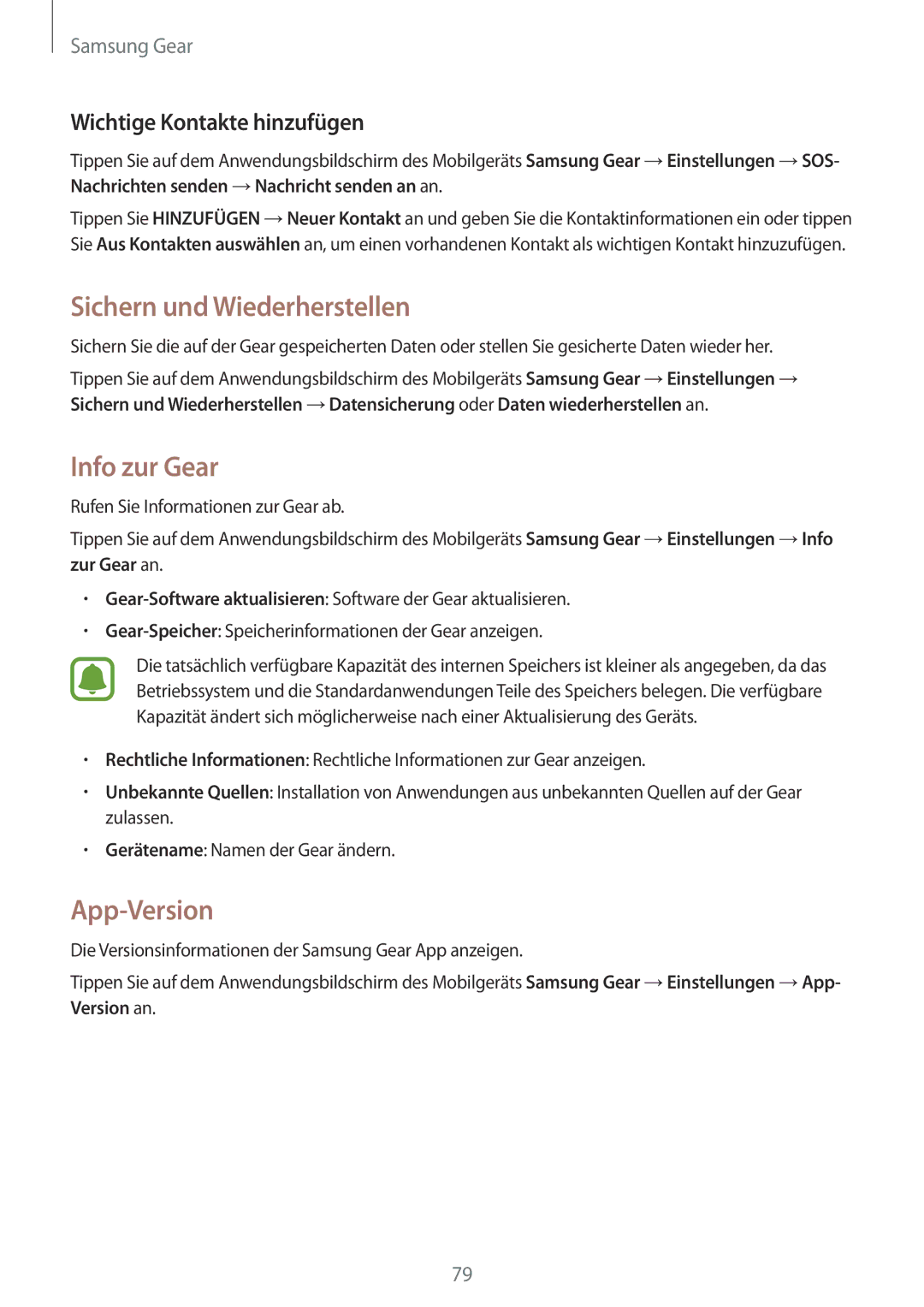 Samsung SM-R7320ZDADBT manual Sichern und Wiederherstellen, Info zur Gear, App-Version, Wichtige Kontakte hinzufügen 