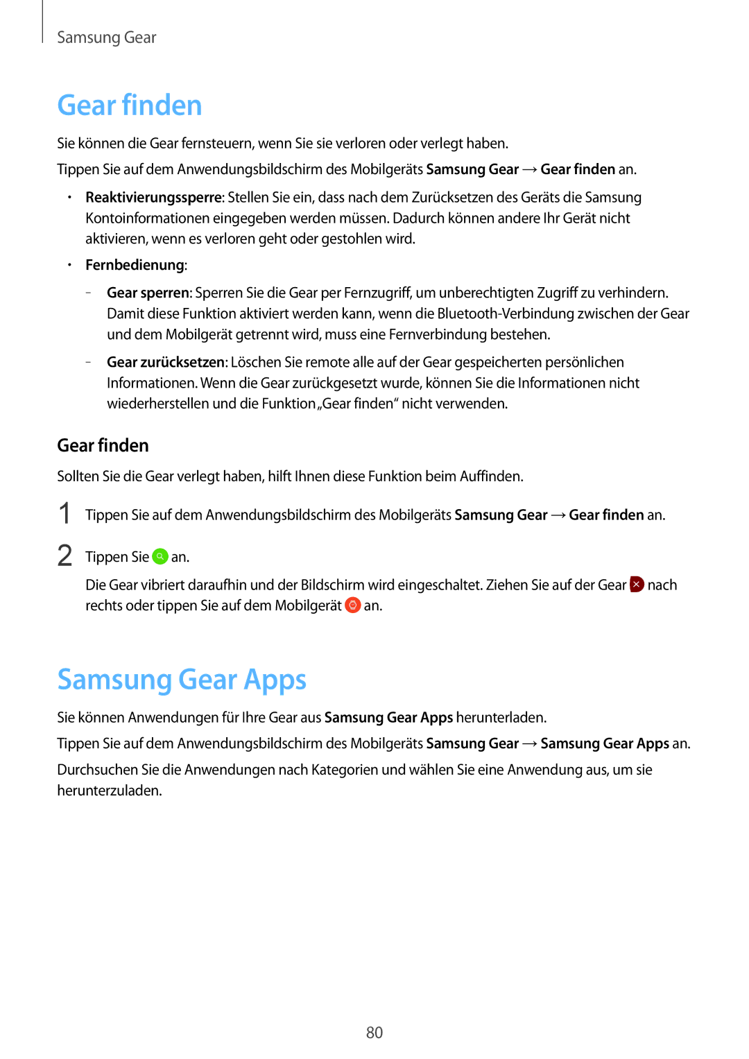 Samsung SM-R7320ZKADBT, SM-R7320WDADBT, SM-R7200ZKADBT, SM-R7200ZWADBT manual Gear finden, Samsung Gear Apps, Fernbedienung 