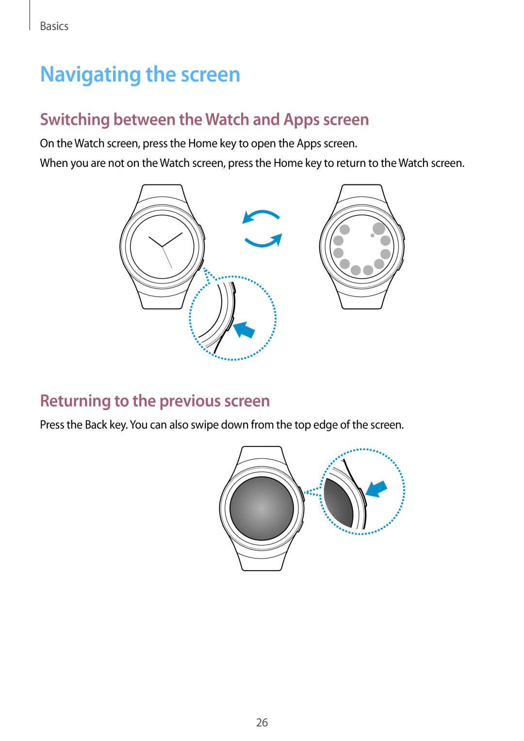 Samsung SM-R7320ZKASEE, SM-R7320ZKADBT manual Navigating the screen, Switching between the Watch and Apps screen, Basics 