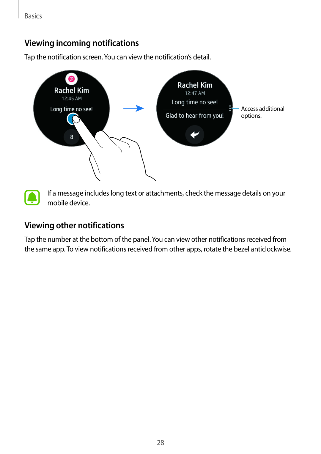 Samsung SM-R7320ZDAKSA Viewing incoming notifications, Viewing other notifications, Basics, Access additional options 