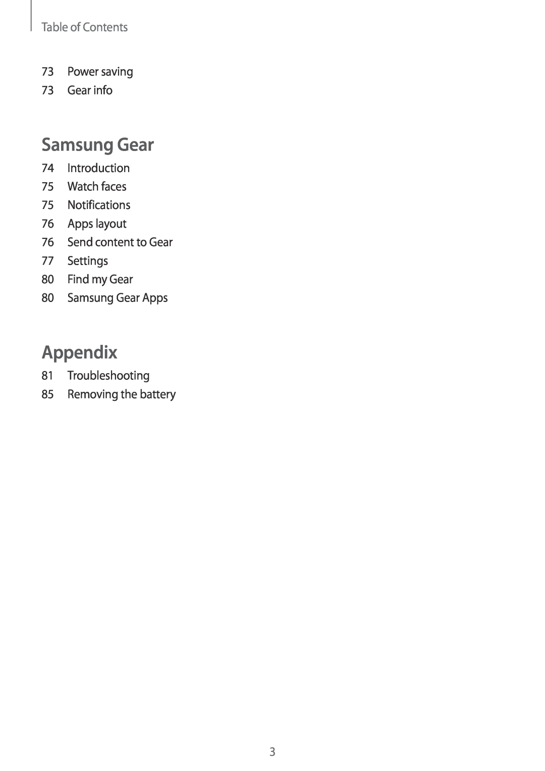 Samsung SM-R7200ZWADBT, SM-R7320ZKADBT manual Appendix, Table of Contents, Power saving 73 Gear info, Samsung Gear Apps 