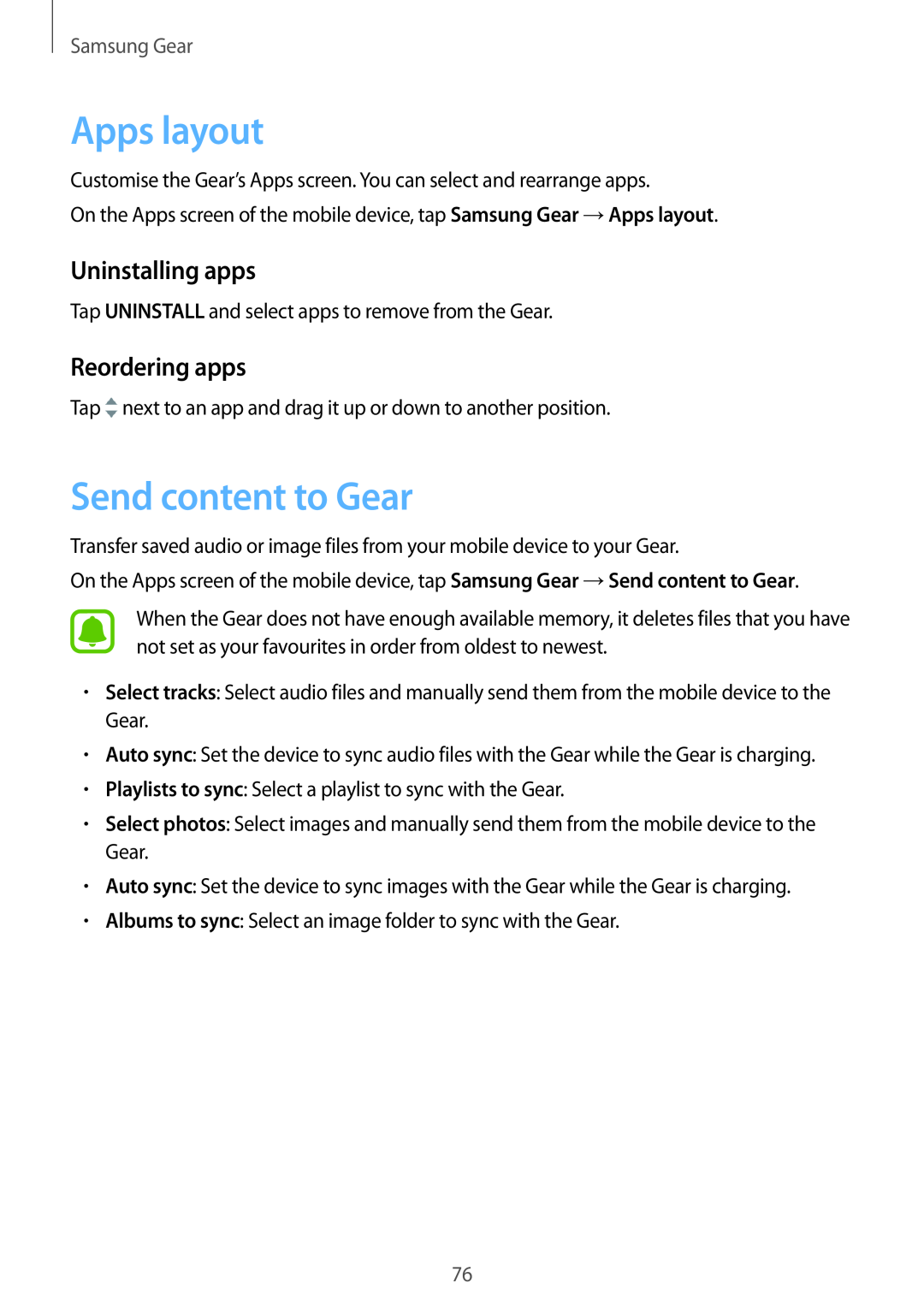 Samsung SM-R7320ZDAITV, SM-R7320ZKADBT Apps layout, Send content to Gear, Reordering apps, Uninstalling apps, Samsung Gear 