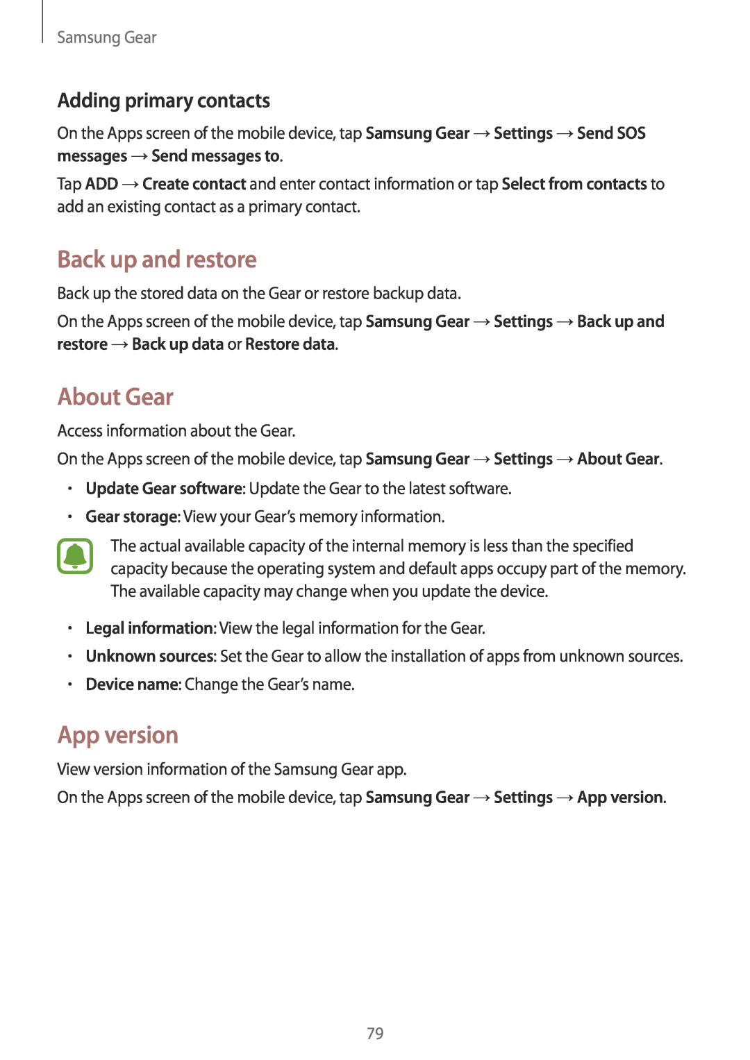 Samsung SM-R7200ZWAPHE, SM-R7320ZKADBT Back up and restore, About Gear, App version, Adding primary contacts, Samsung Gear 