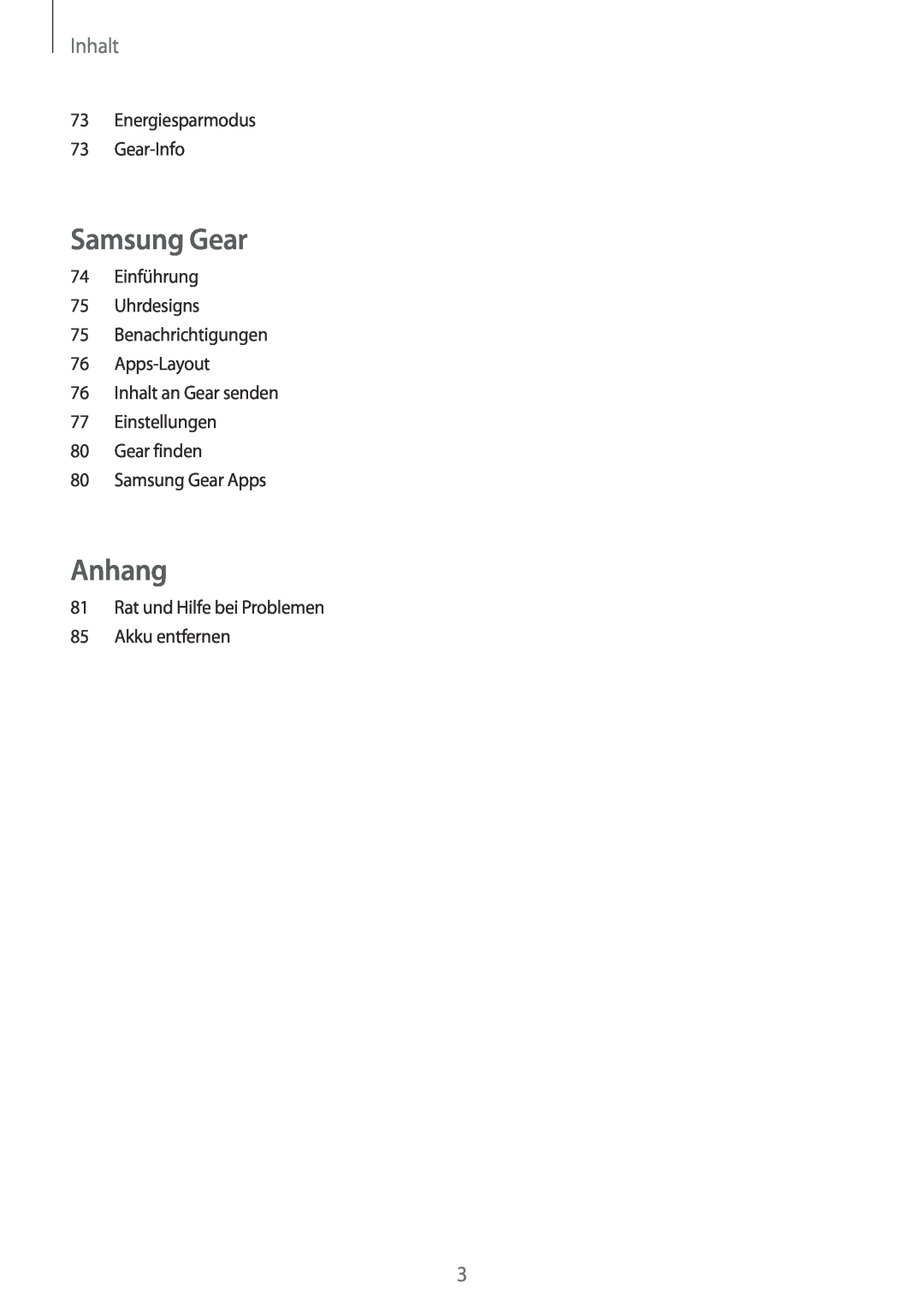 Samsung SM-R7200ZWADBT, SM-R7320ZKADBT, SM-R7320WDADBT, SM-R7200ZKADBT, SM-R7320ZDADBT manual Samsung Gear, Anhang, Inhalt 
