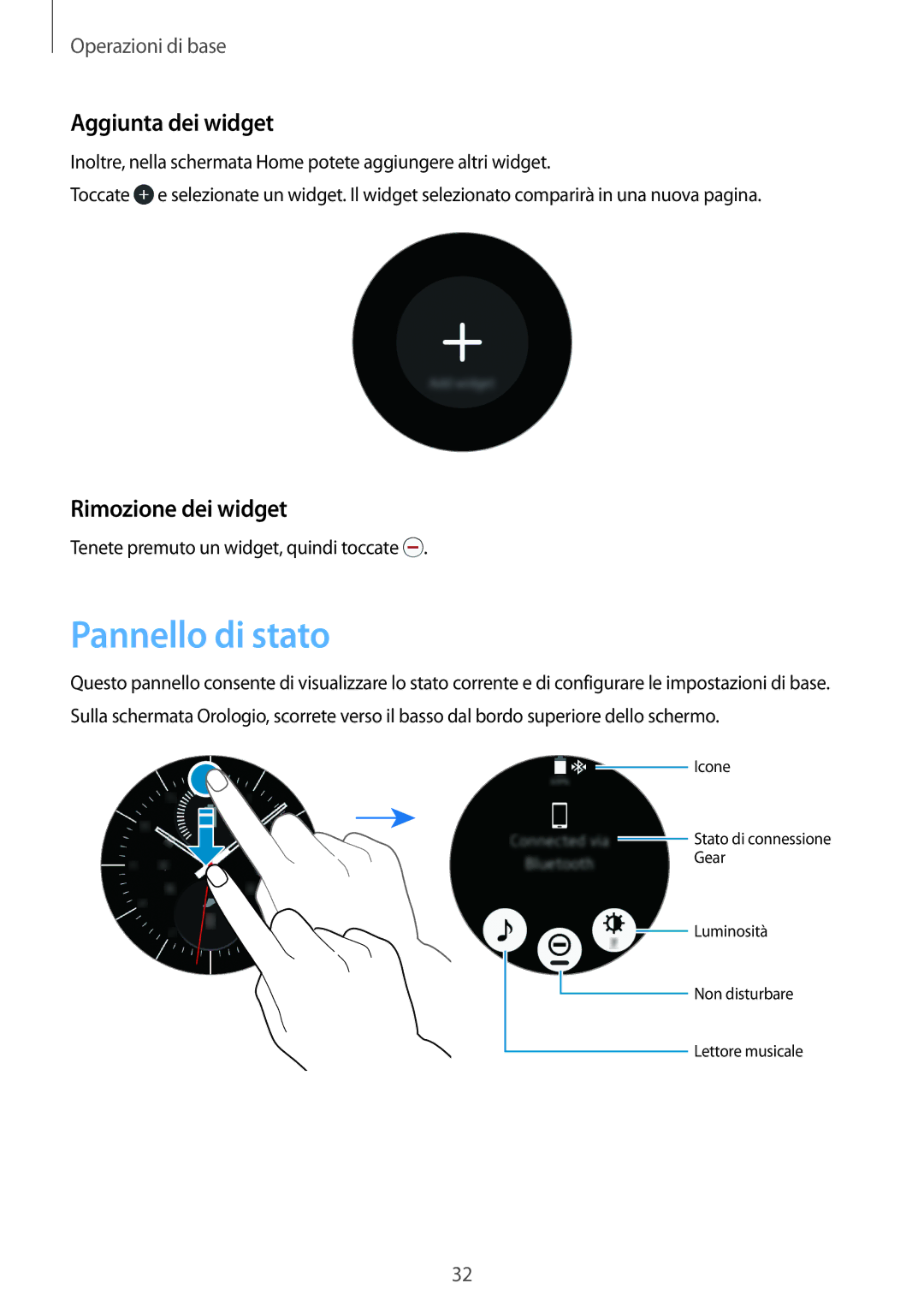 Samsung SM-R7200ZKAITV, SM-R7320ZKAITV, SM-R7320WDAITV manual Pannello di stato, Aggiunta dei widget, Rimozione dei widget 