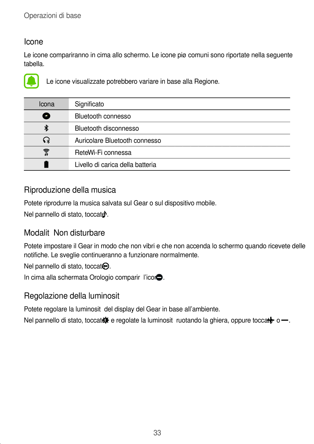 Samsung SM-R7320ZDAITV manual Icone, Riproduzione della musica, Modalità Non disturbare, Regolazione della luminosità 