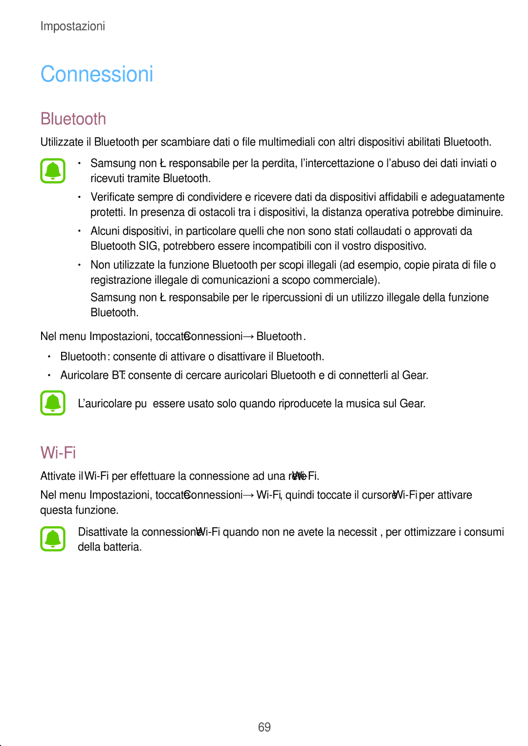 Samsung SM-R7200ZWAITV, SM-R7320ZKAITV, SM-R7320WDAITV, SM-R7200ZKAITV, SM-R7320ZDAITV manual Connessioni, Bluetooth, Wi-Fi 