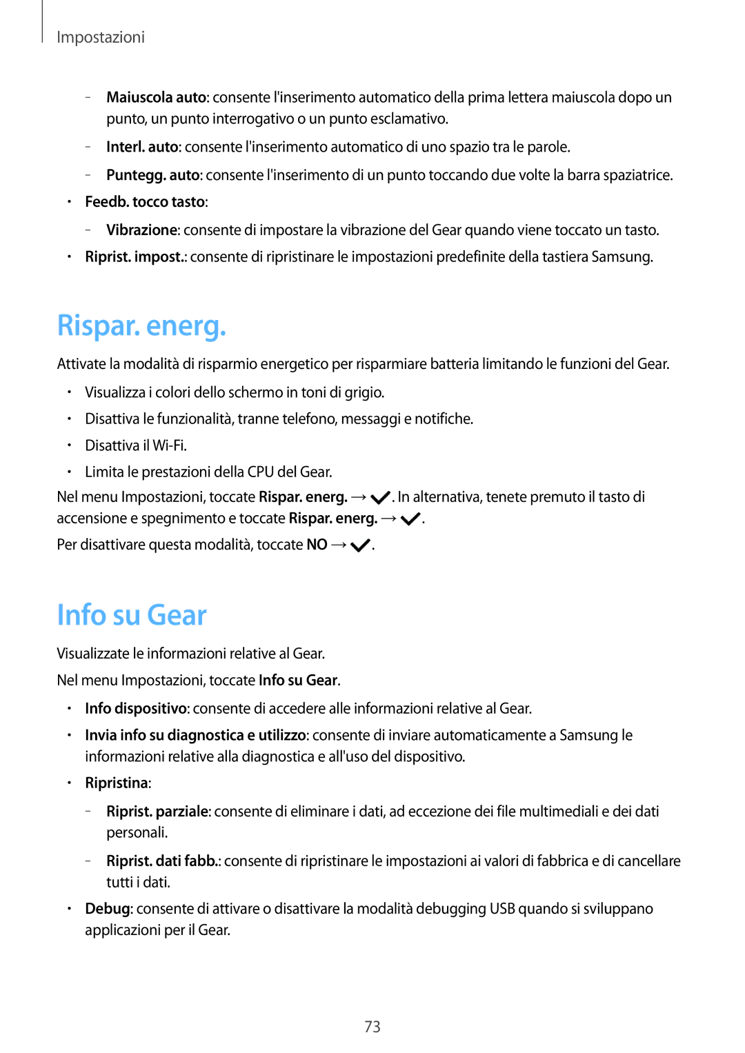 Samsung SM-R7320ZDAITV manual Rispar. energ, Info su Gear, Feedb. tocco tasto, Alternativa, tenete premuto il tasto di 