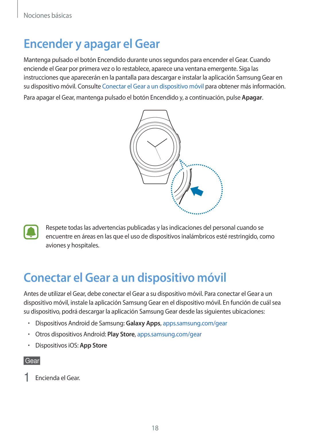 Samsung SM-R7320WDAPHE, SM-R7320ZKAPHE, SM-R7200ZWAPHE Encender y apagar el Gear, Conectar el Gear a un dispositivo móvil 