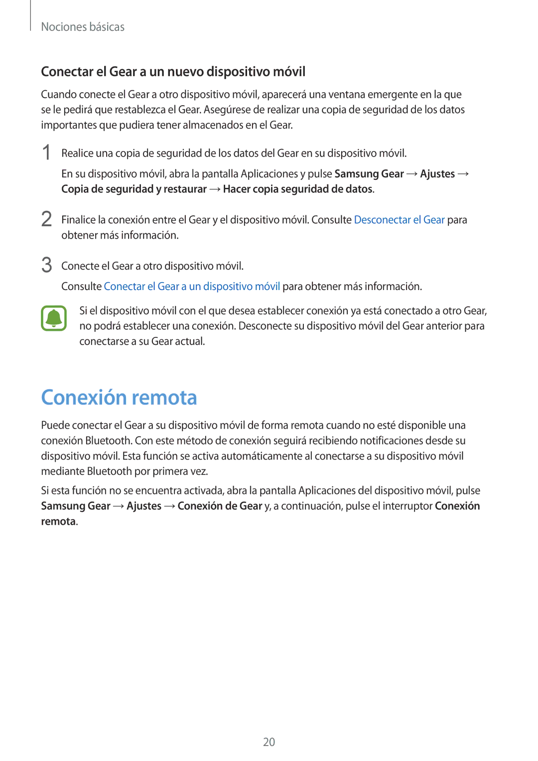 Samsung SM-R7320ZKAPHE, SM-R7200ZWAPHE, SM-R7320ZDAPHE manual Conexión remota, Conectar el Gear a un nuevo dispositivo móvil 