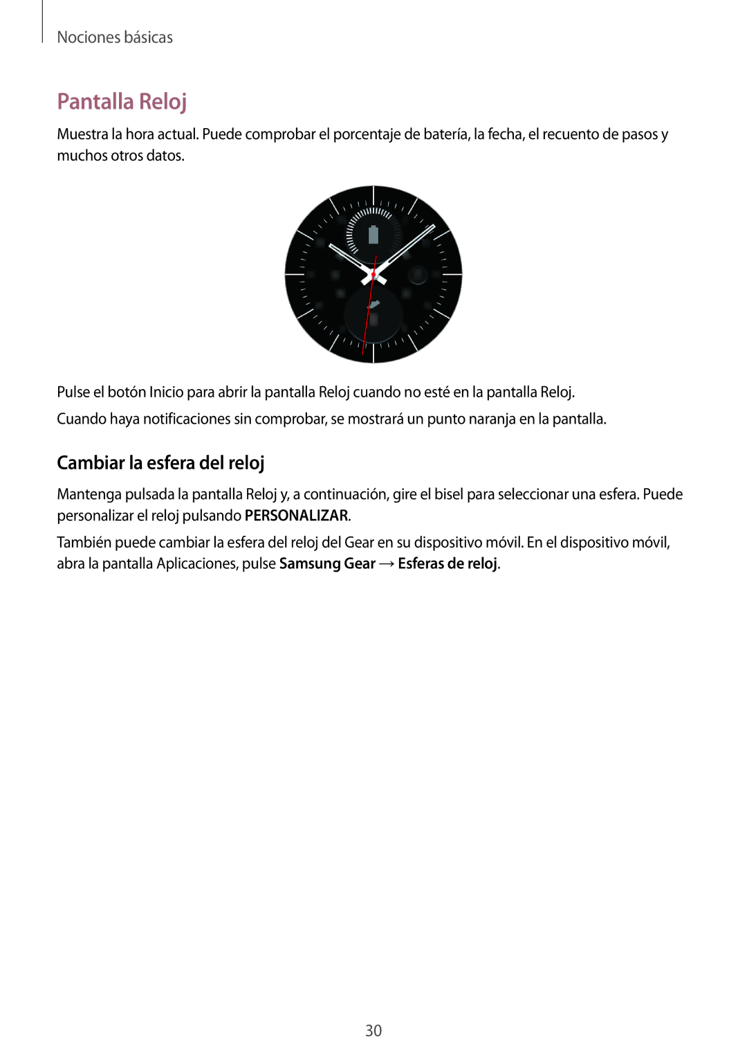 Samsung SM-R7320ZKAPHE, SM-R7200ZWAPHE, SM-R7320ZDAPHE, SM-R7320WDAPHE manual Pantalla Reloj, Cambiar la esfera del reloj 