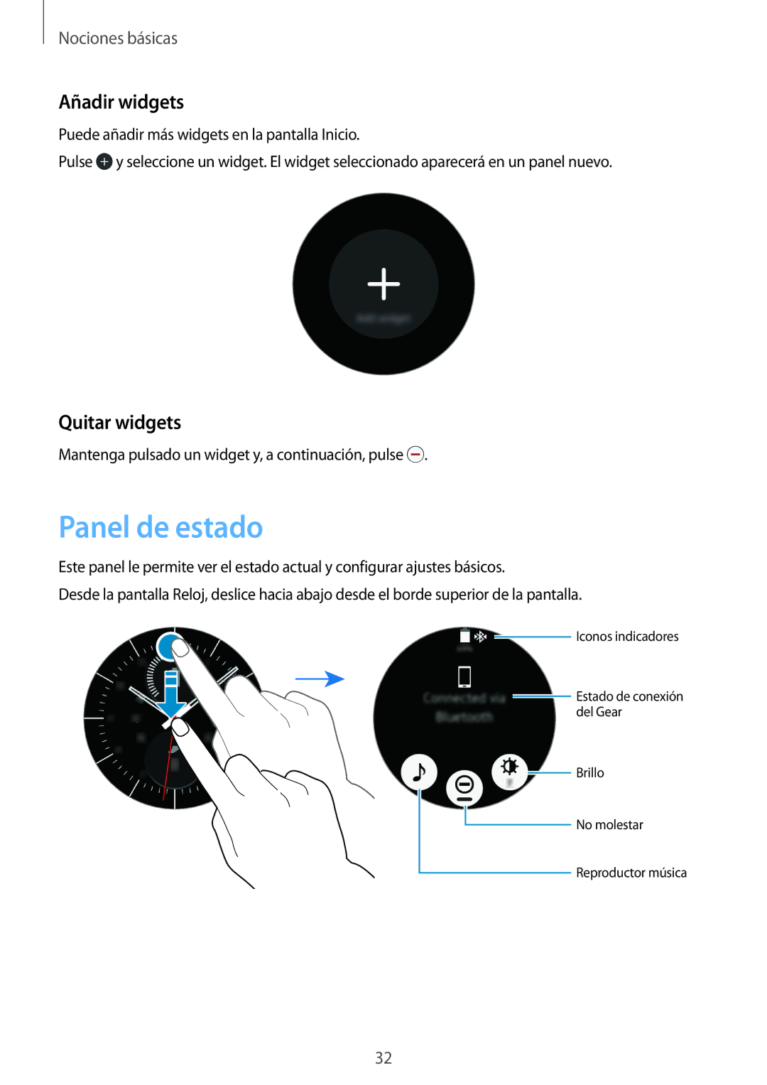 Samsung SM-R7320ZDAPHE, SM-R7320ZKAPHE, SM-R7200ZWAPHE, SM-R7320WDAPHE manual Panel de estado, Añadir widgets, Quitar widgets 