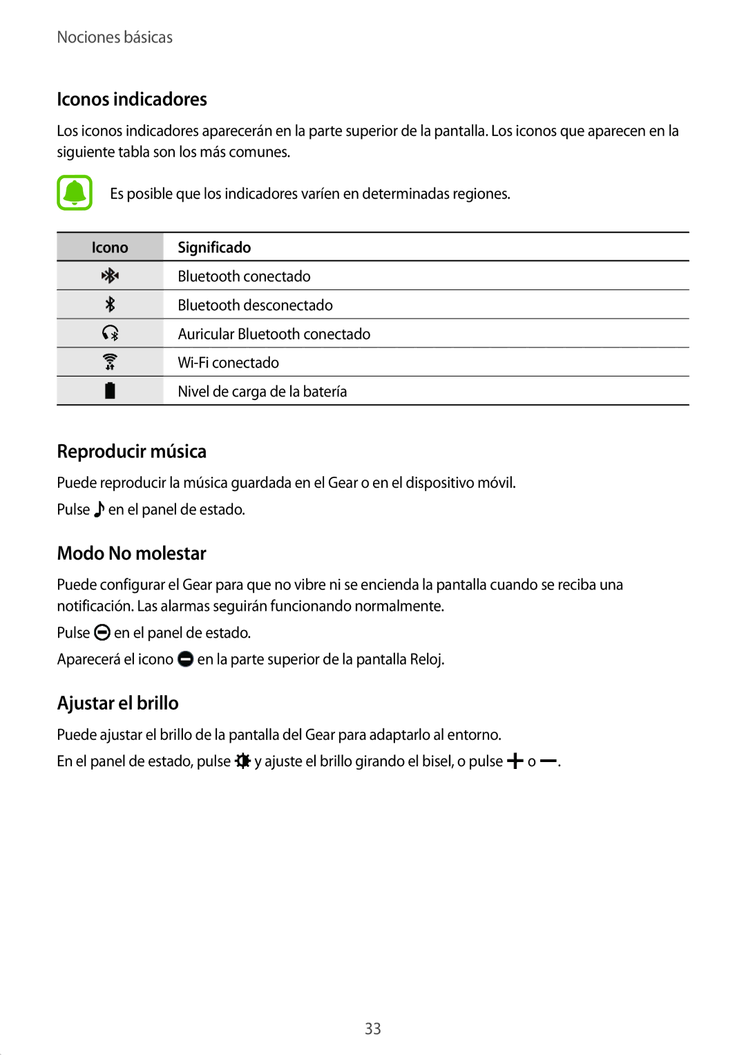 Samsung SM-R7320WDAPHE manual Iconos indicadores, Reproducir música, Modo No molestar, Ajustar el brillo, Icono Significado 