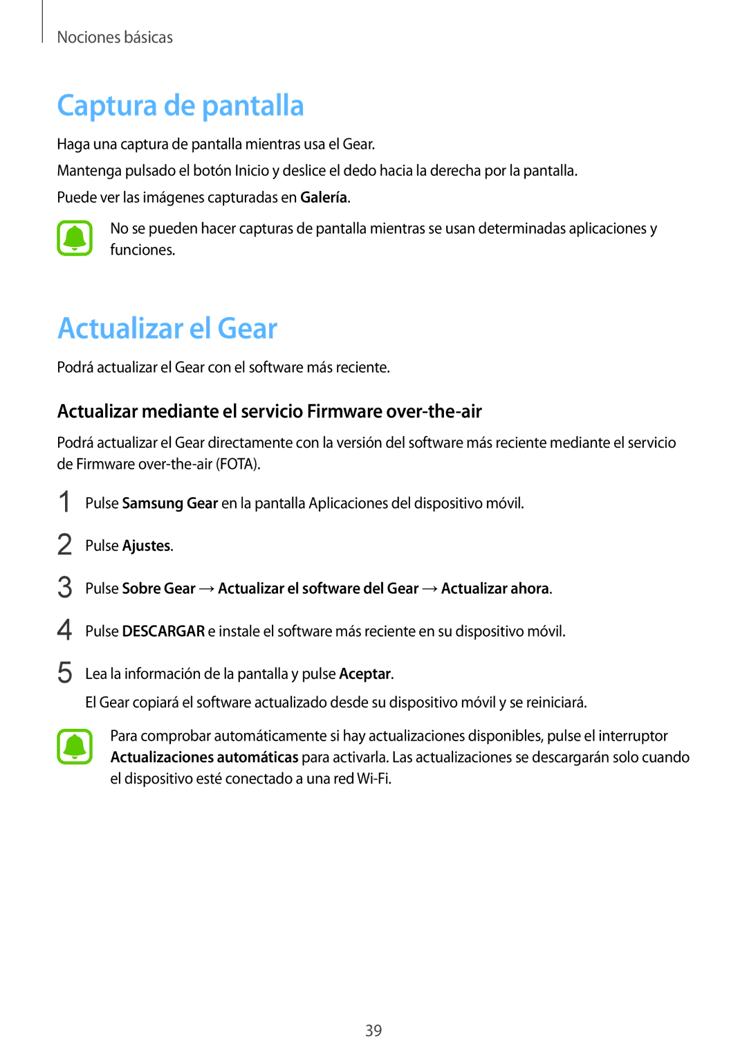 Samsung SM-R7200ZKAPHE Captura de pantalla, Actualizar el Gear, Actualizar mediante el servicio Firmware over-the-air 