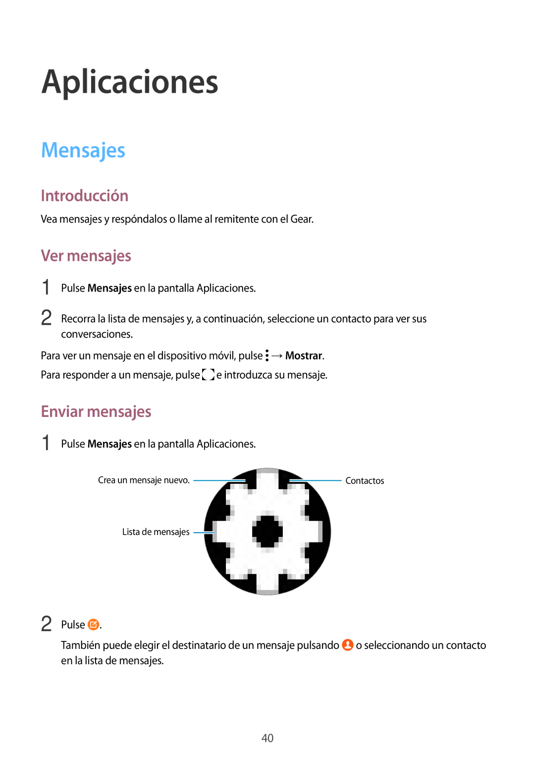 Samsung SM-R7320ZKAPHE, SM-R7200ZWAPHE, SM-R7320ZDAPHE, SM-R7320WDAPHE manual Mensajes, Ver mensajes, Enviar mensajes 