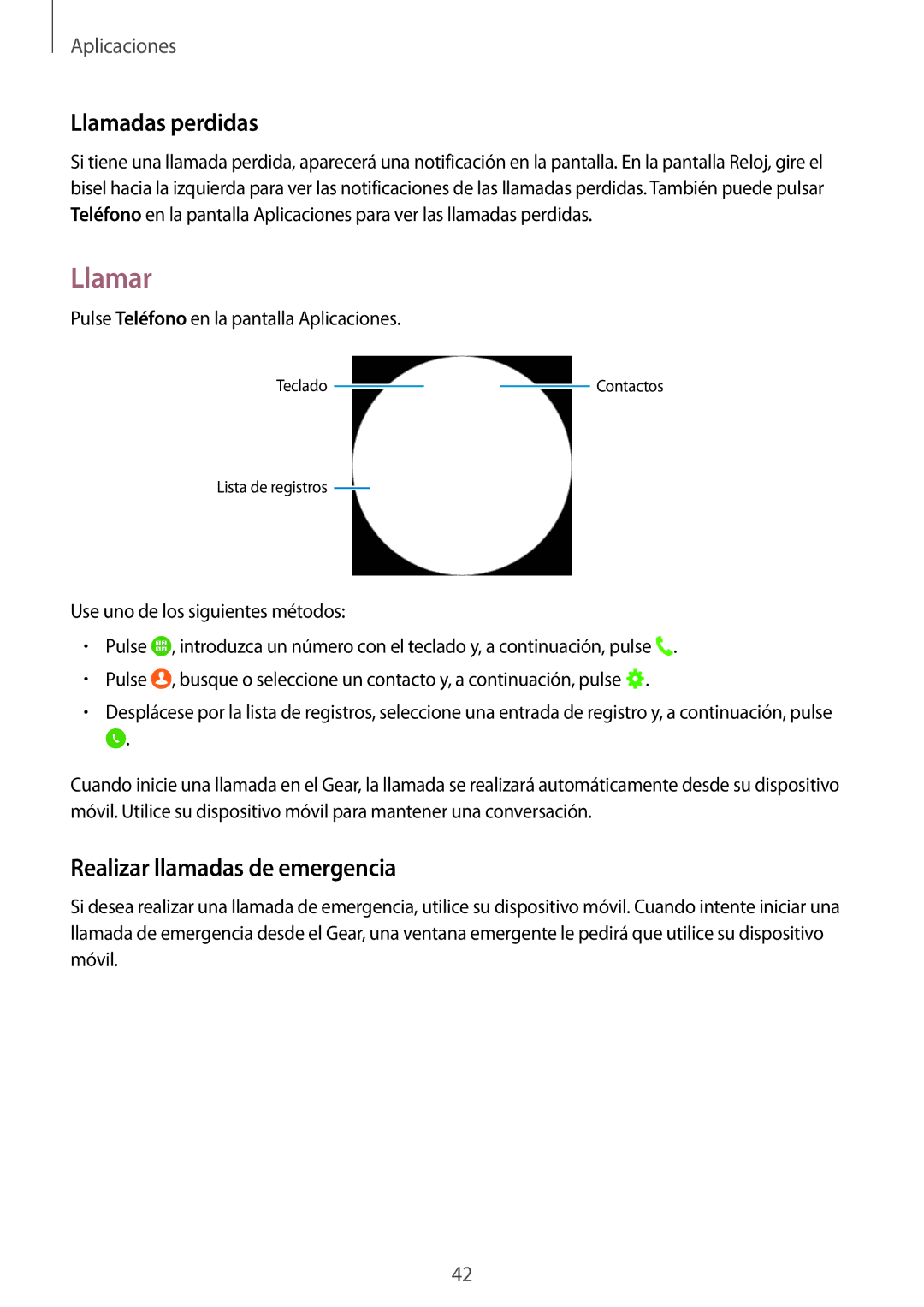 Samsung SM-R7320ZDAPHE, SM-R7320ZKAPHE, SM-R7200ZWAPHE manual Llamar, Llamadas perdidas, Realizar llamadas de emergencia 