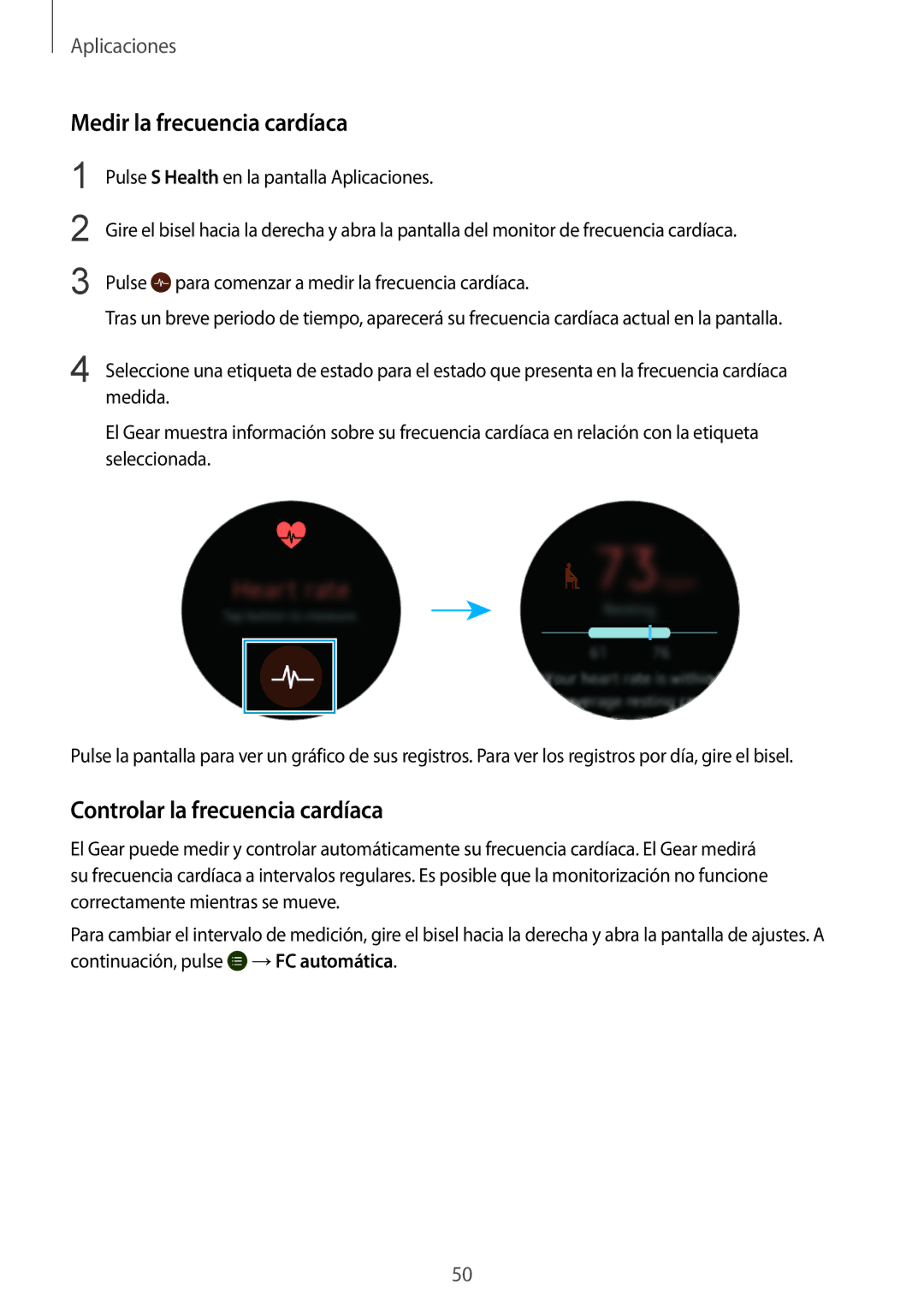 Samsung SM-R7320ZKAPHE, SM-R7200ZWAPHE, SM-R7320ZDAPHE manual Medir la frecuencia cardíaca, Controlar la frecuencia cardíaca 