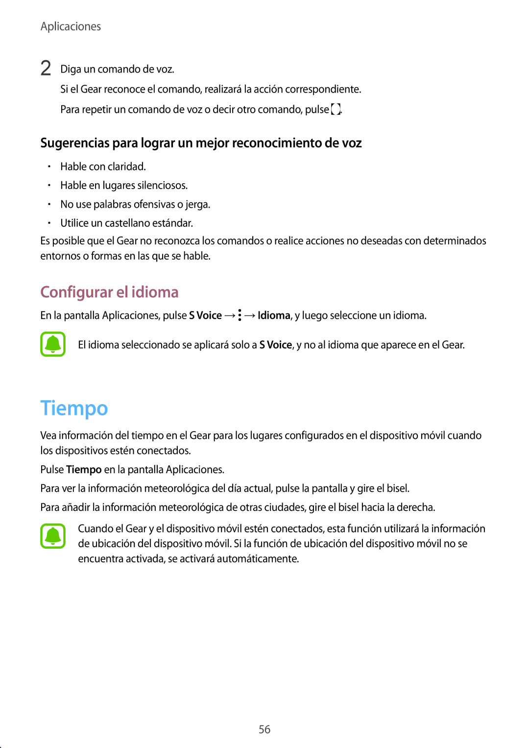 Samsung SM-R7200ZWAPHE manual Tiempo, Configurar el idioma, Sugerencias para lograr un mejor reconocimiento de voz 