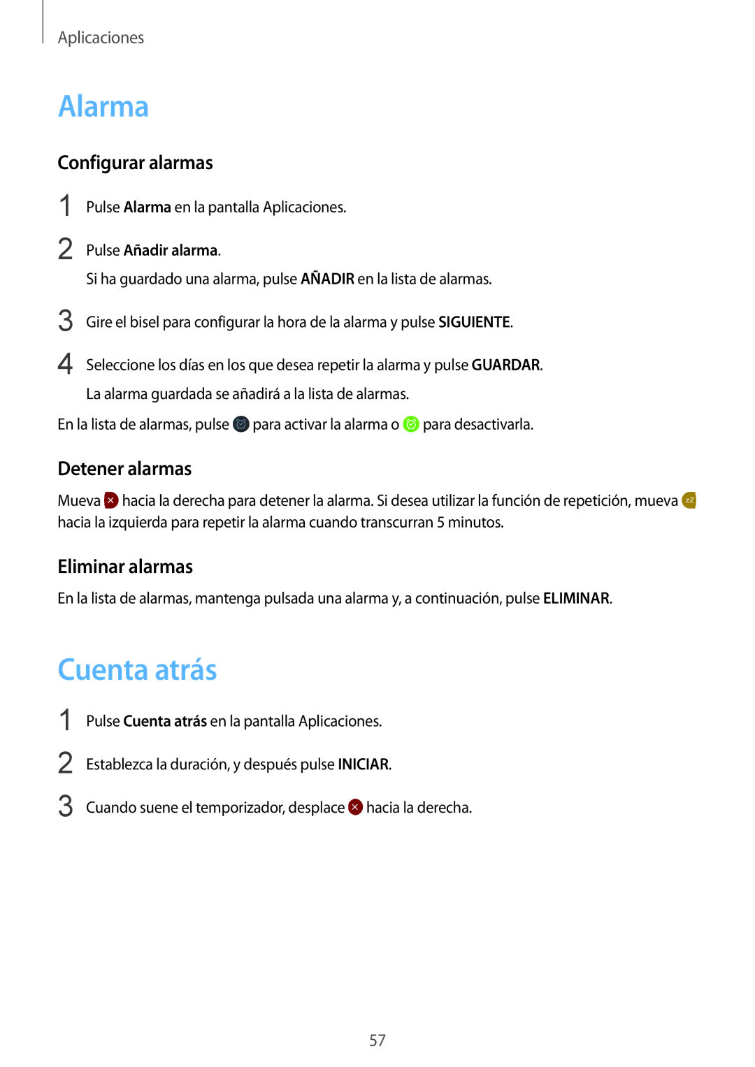 Samsung SM-R7320ZDAPHE, SM-R7320ZKAPHE manual Alarma, Cuenta atrás, Configurar alarmas, Detener alarmas, Eliminar alarmas 