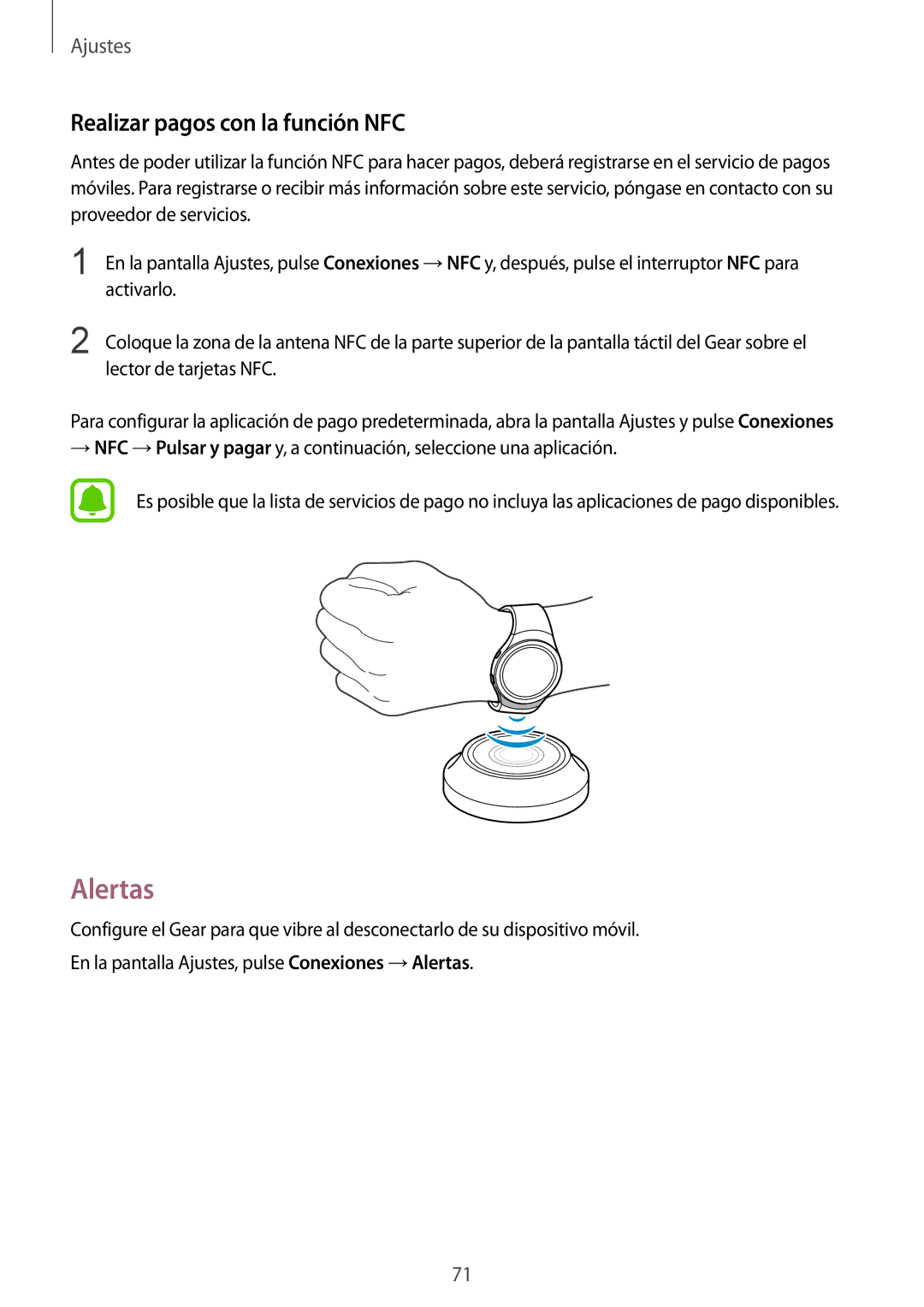 Samsung SM-R7200ZWAPHE, SM-R7320ZKAPHE, SM-R7320ZDAPHE, SM-R7320WDAPHE manual Alertas, Realizar pagos con la función NFC 