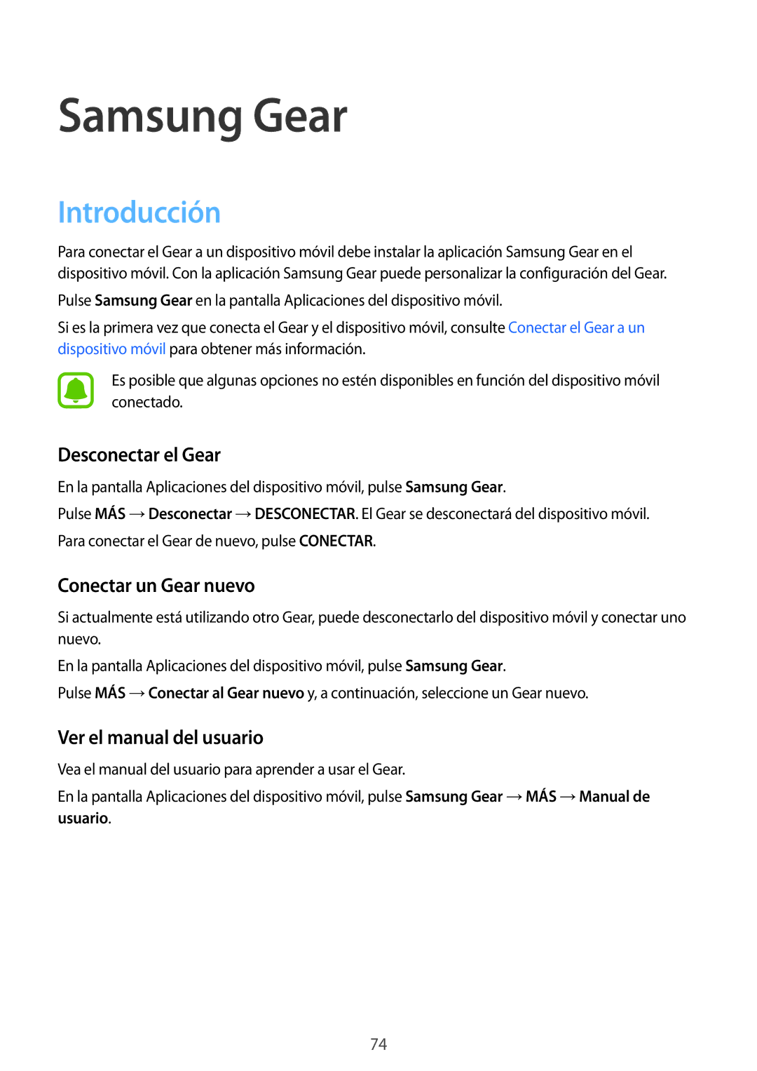 Samsung SM-R7200ZKAPHE, SM-R7320ZKAPHE Desconectar el Gear, Conectar un Gear nuevo, Ver el manual del usuario 