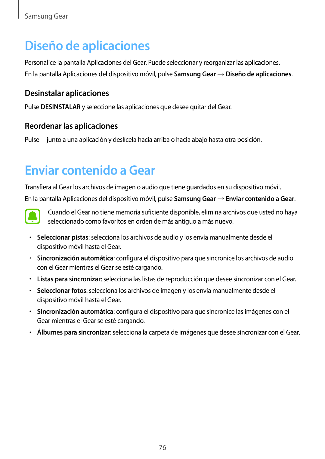 Samsung SM-R7200ZWAPHE, SM-R7320ZKAPHE manual Diseño de aplicaciones, Enviar contenido a Gear, Reordenar las aplicaciones 