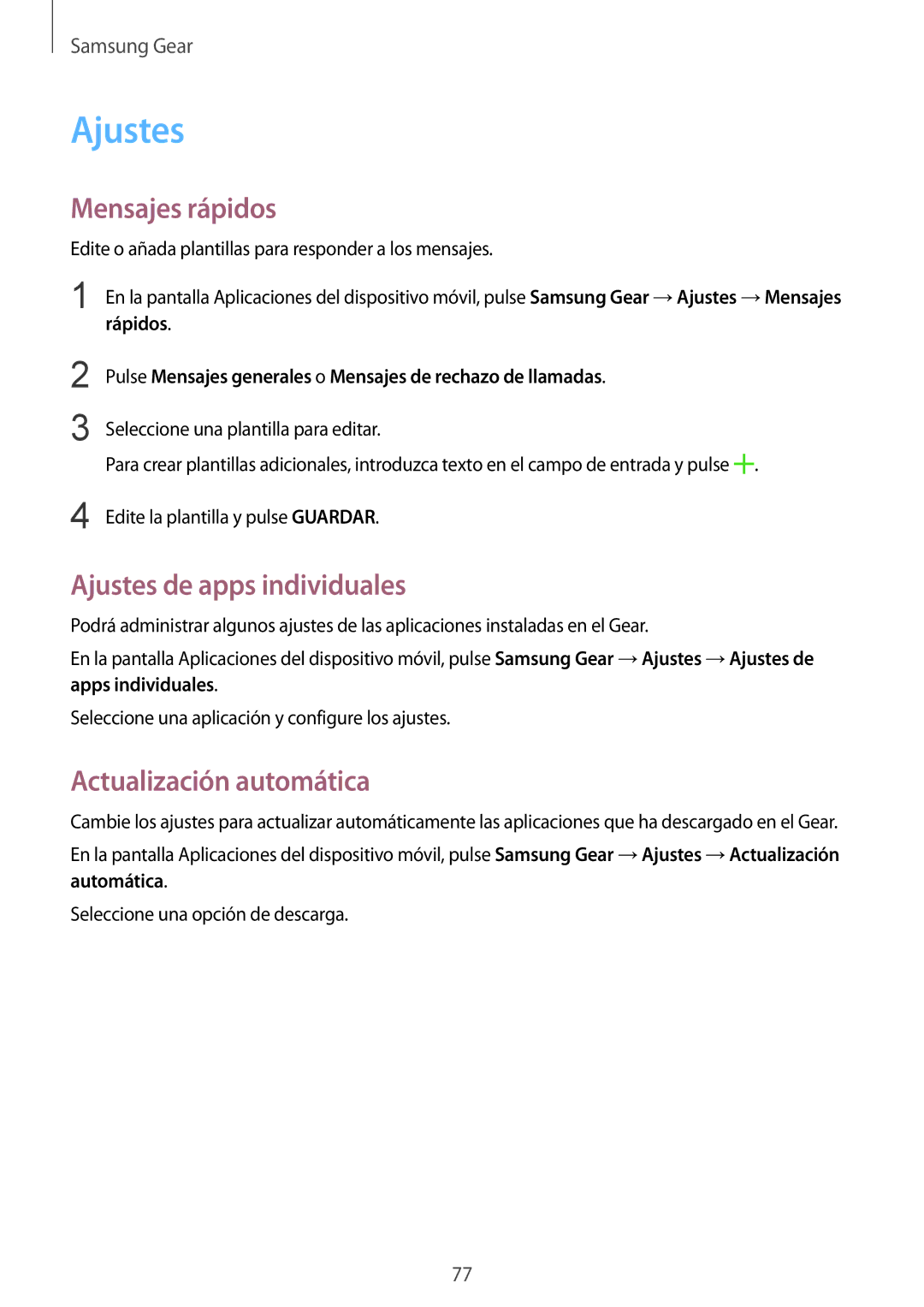 Samsung SM-R7320ZDAPHE, SM-R7320ZKAPHE manual Mensajes rápidos, Ajustes de apps individuales, Actualización automática 