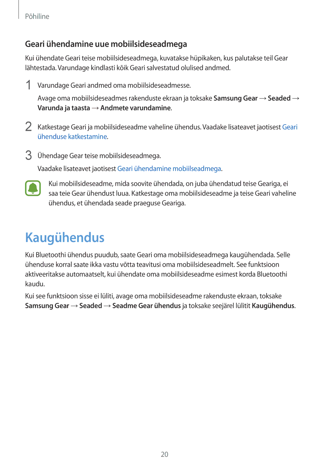 Samsung SM-R7320ZKASEB, SM-R7200ZKASEB manual Kaugühendus, Geari ühendamine uue mobiilsideseadmega 