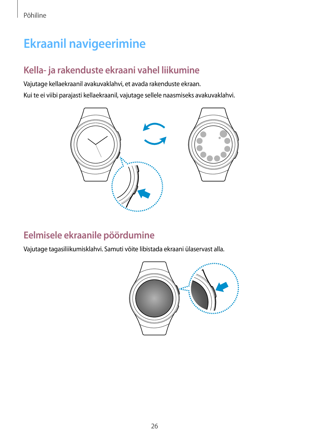 Samsung SM-R7320ZKASEB, SM-R7200ZKASEB manual Ekraanil navigeerimine, Kella- ja rakenduste ekraani vahel liikumine 