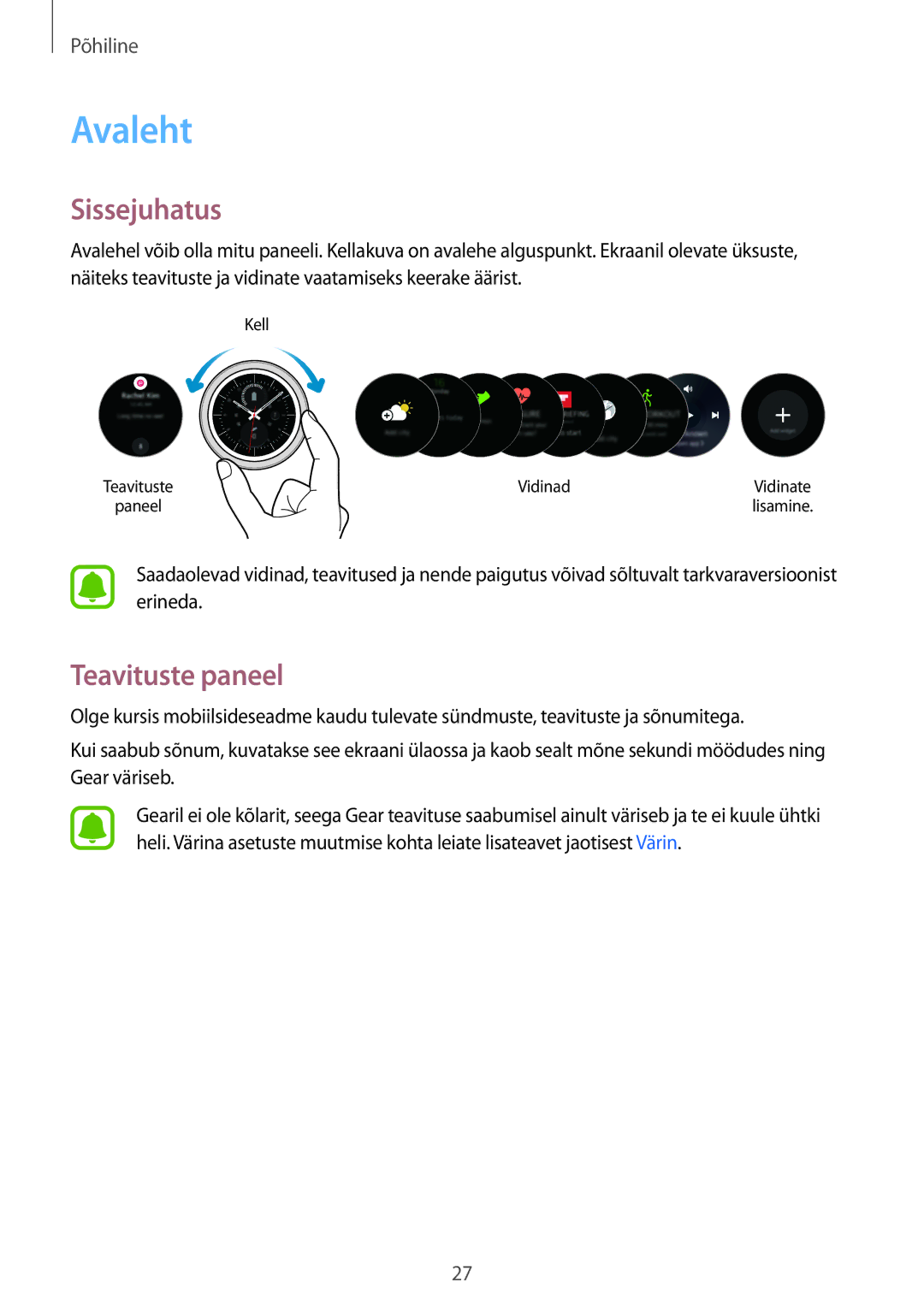 Samsung SM-R7200ZKASEB, SM-R7320ZKASEB manual Avaleht, Sissejuhatus, Teavituste paneel 