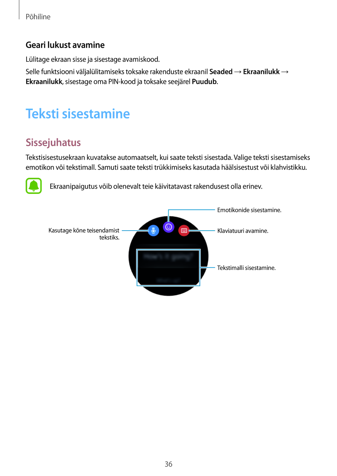 Samsung SM-R7320ZKASEB manual Teksti sisestamine, Geari lukust avamine, Lülitage ekraan sisse ja sisestage avamiskood 