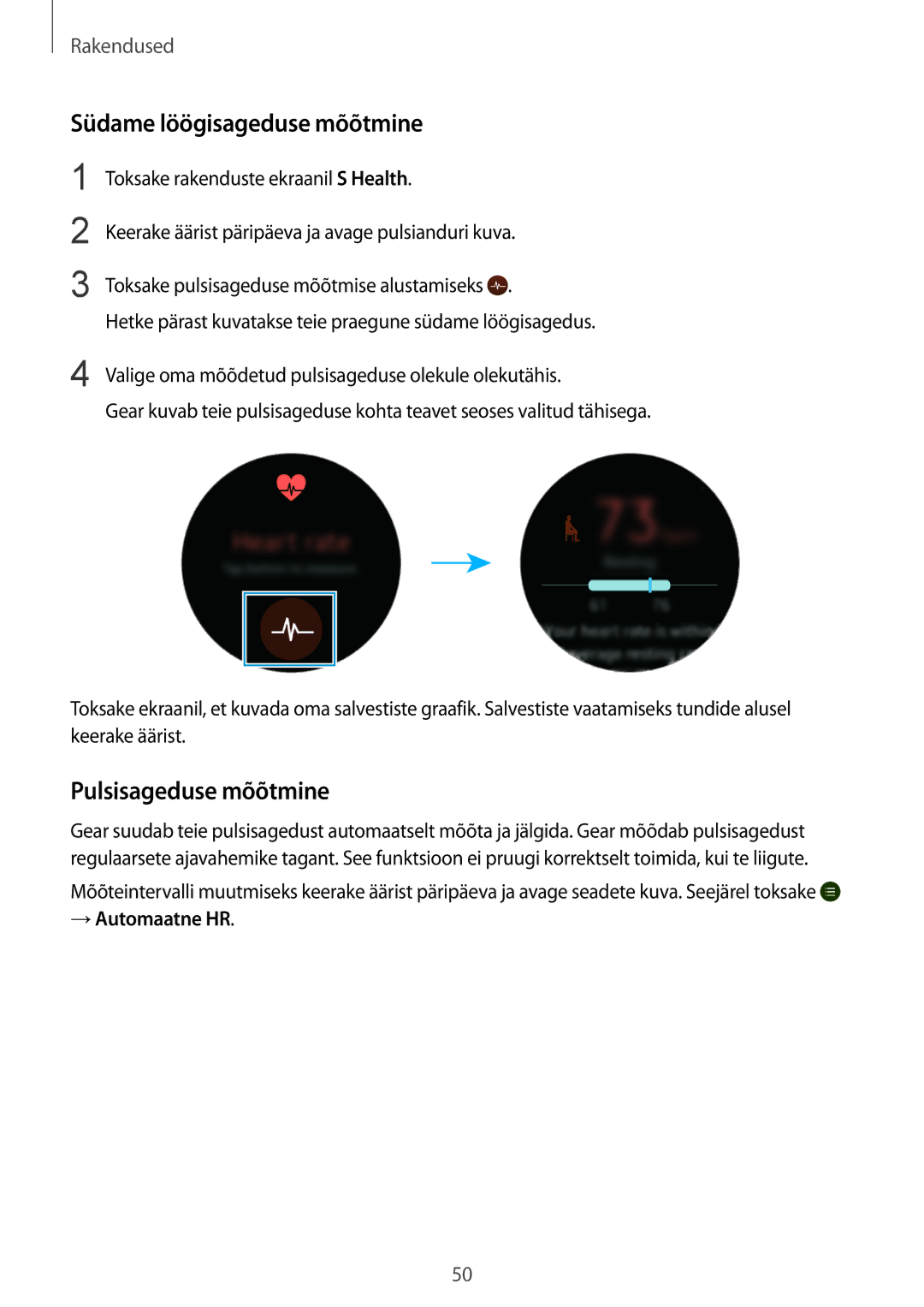 Samsung SM-R7320ZKASEB, SM-R7200ZKASEB manual Südame löögisageduse mõõtmine, Pulsisageduse mõõtmine, → Automaatne HR 