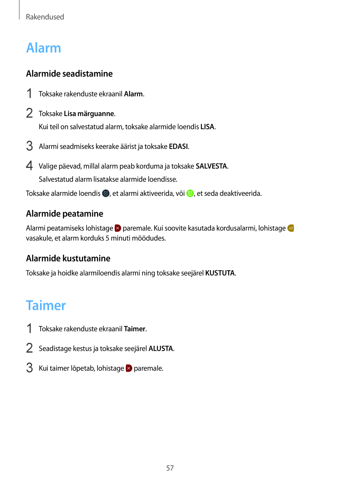 Samsung SM-R7200ZKASEB, SM-R7320ZKASEB manual Taimer, Alarmide seadistamine, Alarmide peatamine, Alarmide kustutamine 